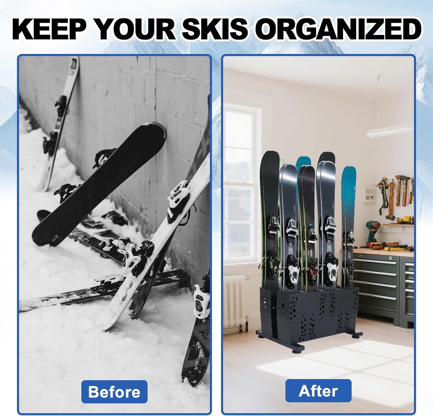 Freestanding Ski Storage Rack for 4 Pairs, Floor Stand Ski Organizer Rack, Heavy Duty Alloy Steel Ski Holders Ski Organizer, Freestanding Ski Organizer for Garage Basement