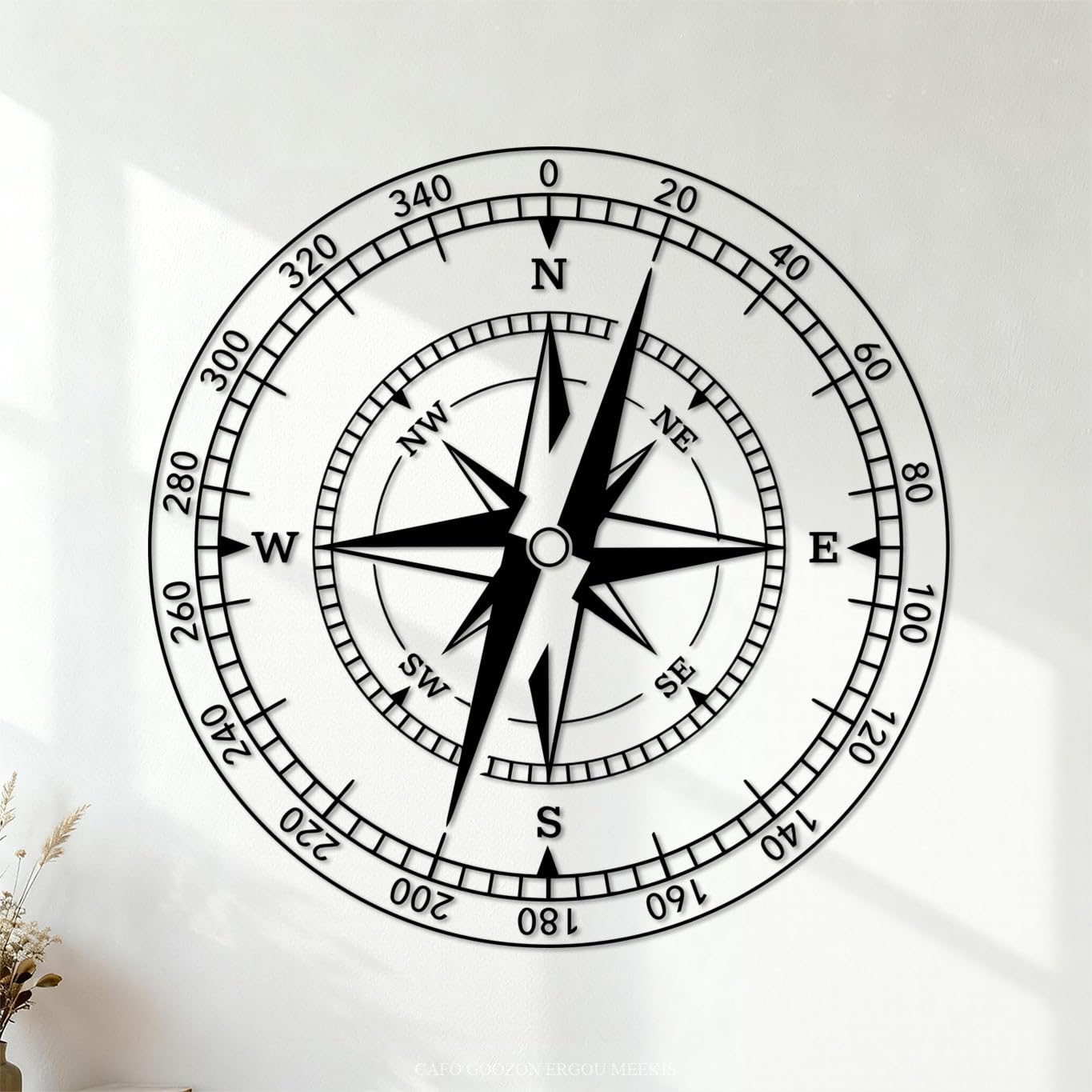 360 Degree Style Vintage Compass Vinyl Wall Stickers 42x42cm Window Decals Black