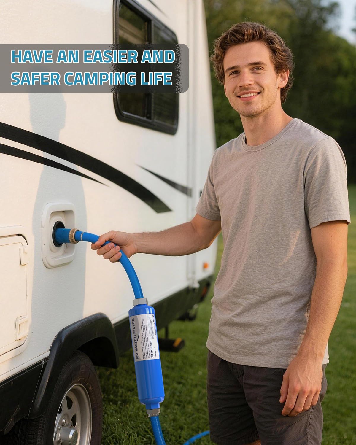 PAULINN Filtro de agua en línea para caravana, 2 paquetes de manguera de agua KDF para jardín, camping, accesorios de filtro KDF para barco, remolque, autocaravana, jardinería, plantación, lavado de