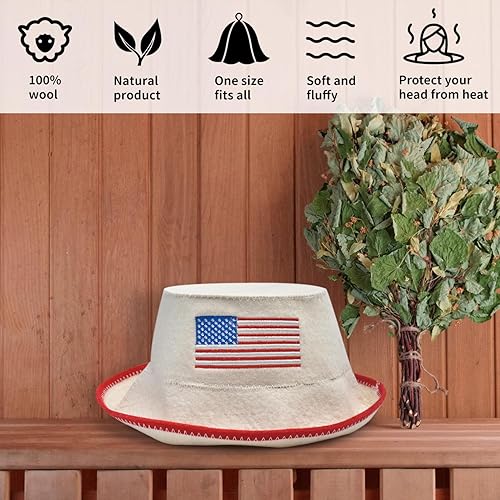 Miniatura 6 de Halsa Sombrero de sauna, gorra de sauna de lana natural para hombres y mujeres, bandera de Estados Unidos, arnés aislante ecológico para spa, sala