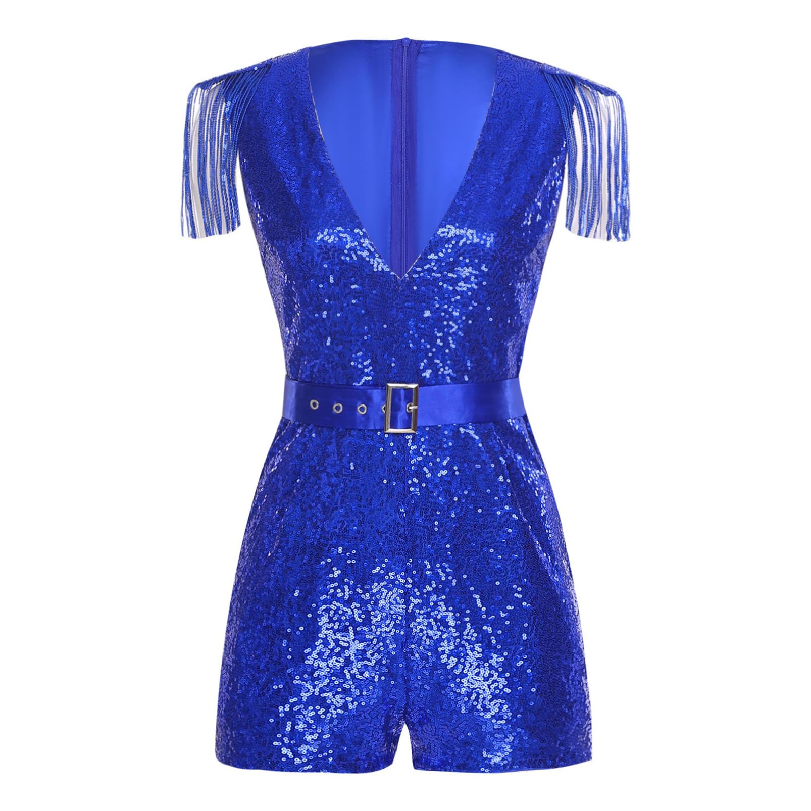 Aislor Femme Élégante Body Soirée Mariage Bal Pailletée Franges Combinaison Avec Ceinture Ajustable Encolure V Bodysuit