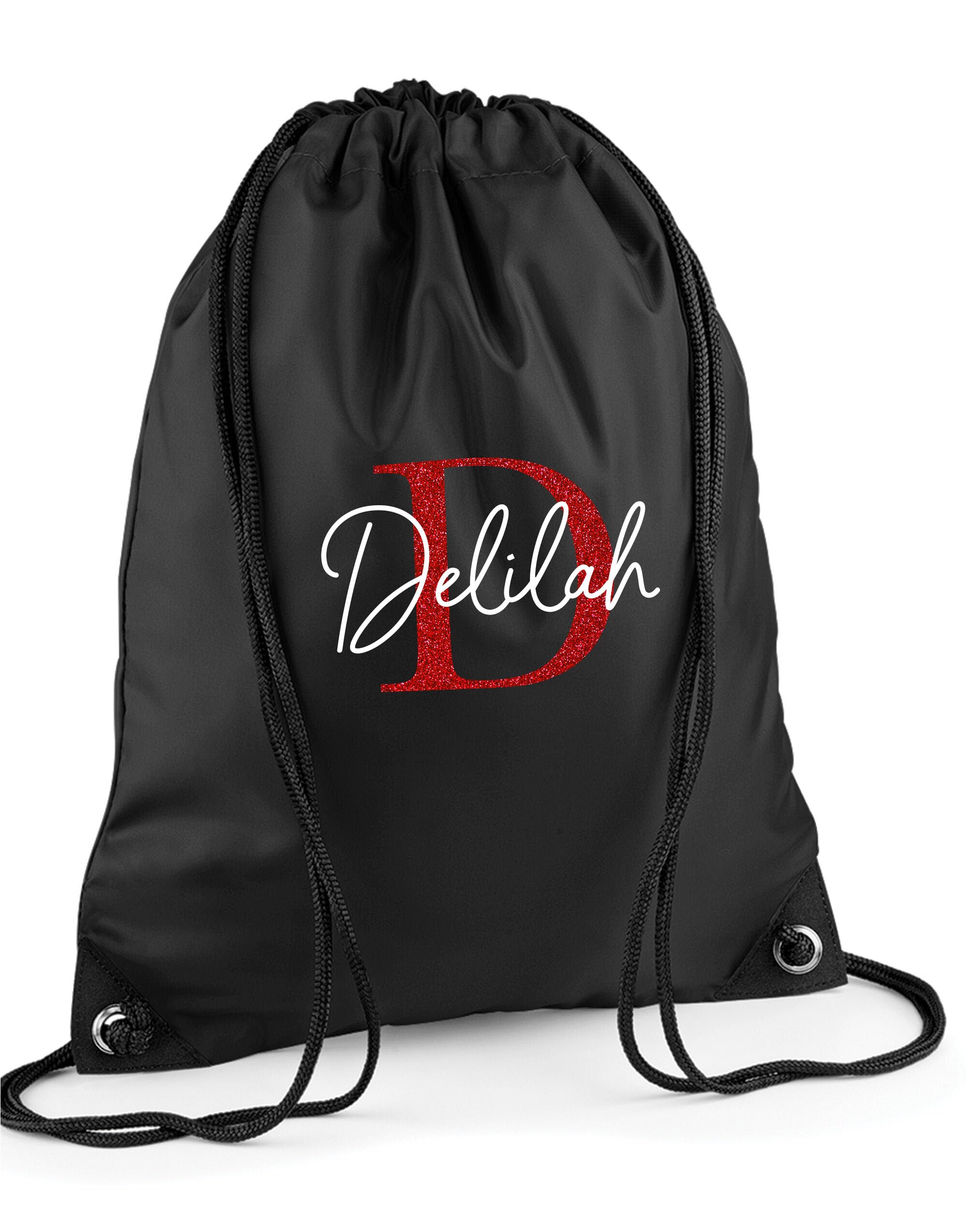 Daytripper Personalised Drawstring Bag For Girls and Boys, Custom Name & Initial, Gym Bags For Kids, Swimming Bag, PE Gymsac, Primary School, Nursery, Glitter (BLACK-RED-GLITTER)