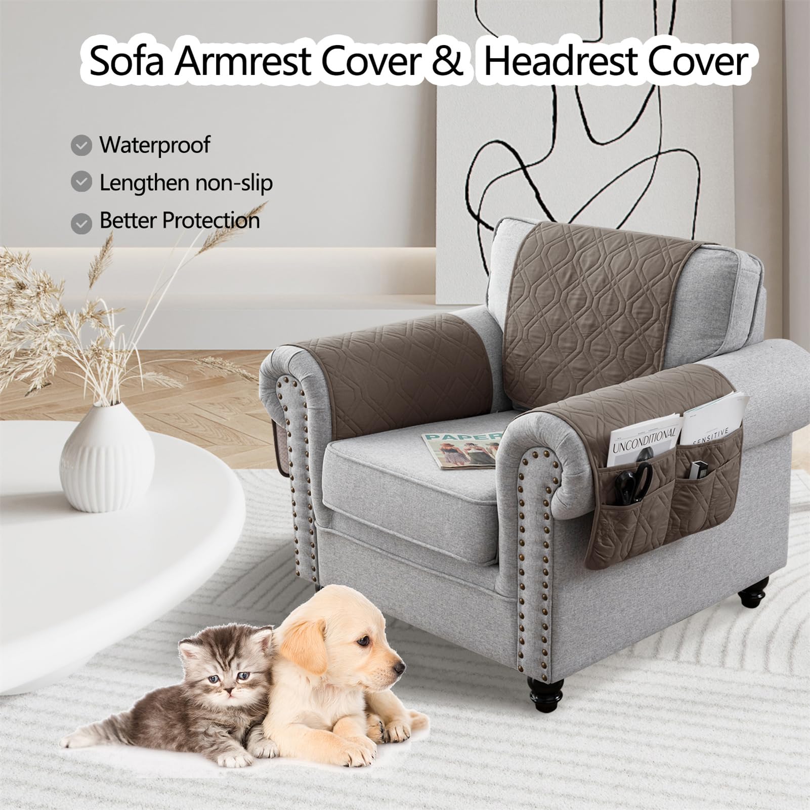 EXTLEZSA Wasserdichter Sofa-Armlehnenbezug, rutschfeste Kopfstützenbezug, verlängert Sofa-Armlehnen-Aufbewahrung, Organizer mit 6 Taschen, gesteppter Möbelschutz für Haustiere, Sofa, Couch, Taupe