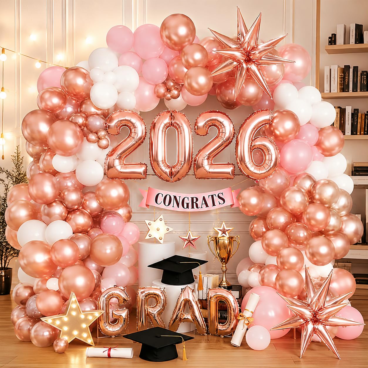 Photo 1 of 134PCS Pink Graduation Balloon Garland Arch Kit with GRAD,2026 and Graduation Mylar Foil Balloons for High College Middle School Class of 2026 Graduation Decorations