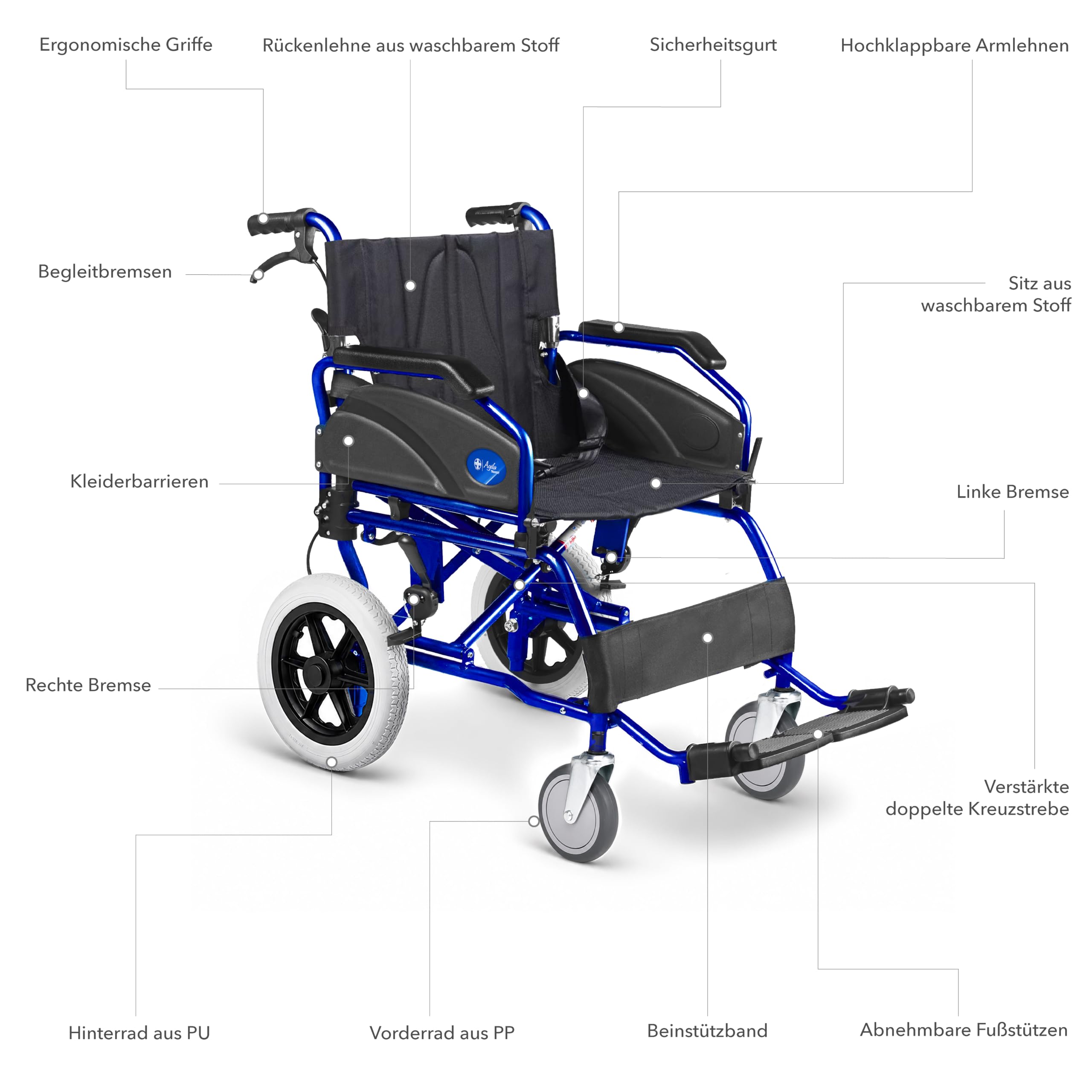 AIESI® Rollstuhl Faltbar superleicht für den Transport aus Aluminium mit Bremse für Behinderte und ältere Menschen AGILA TRANSIT, Doppeltes Bremssystem, Sicherheitsgürtel, Garantie 24 Monate