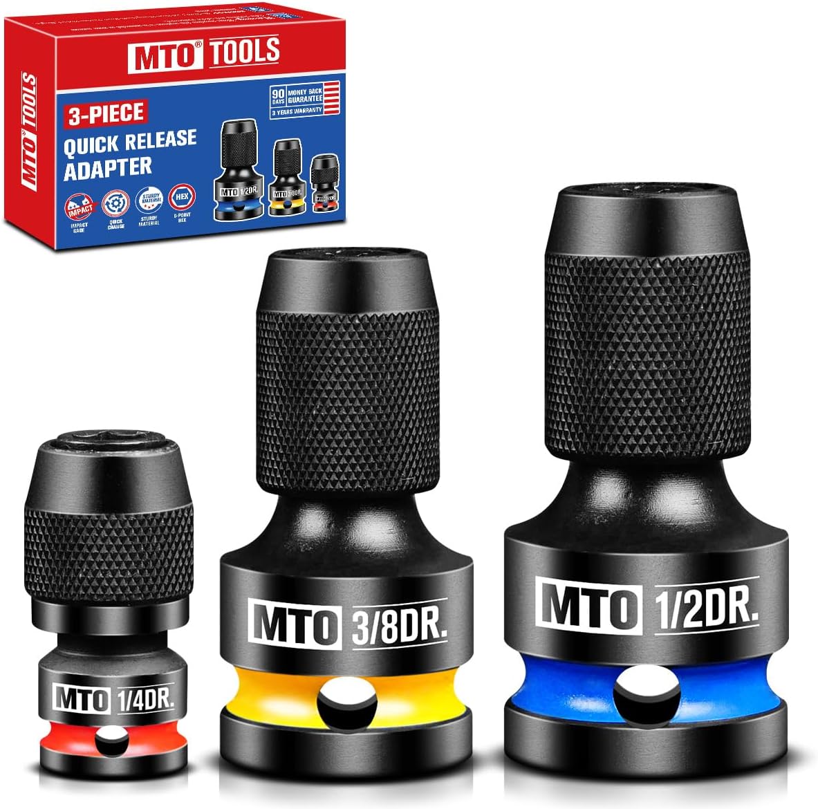 MTO 1/2 3/8 1/4-Inch Square Drive to 1/4-Inch Hex Socket Adapter, 3PCS Quick Release Impact Bit Holder, for Impact Wrench Ratchet, CR-MO
