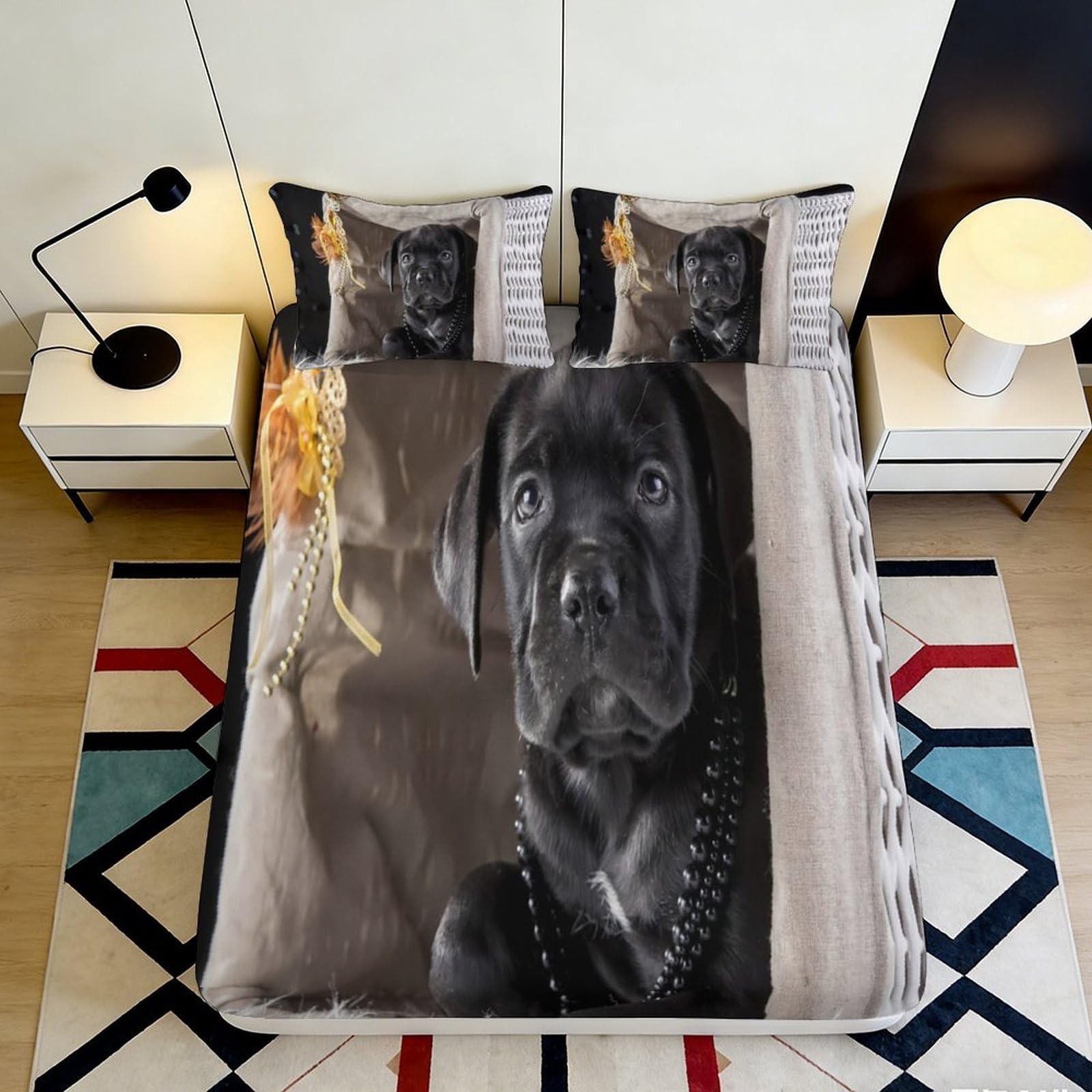 3D Printed Black Labrador Dog Fitted Sheet Microfiber Soft Breathable Puppy Portrait Bed Cover for Bedroom Dorm Mattress Protection Decor 90x200x25cm