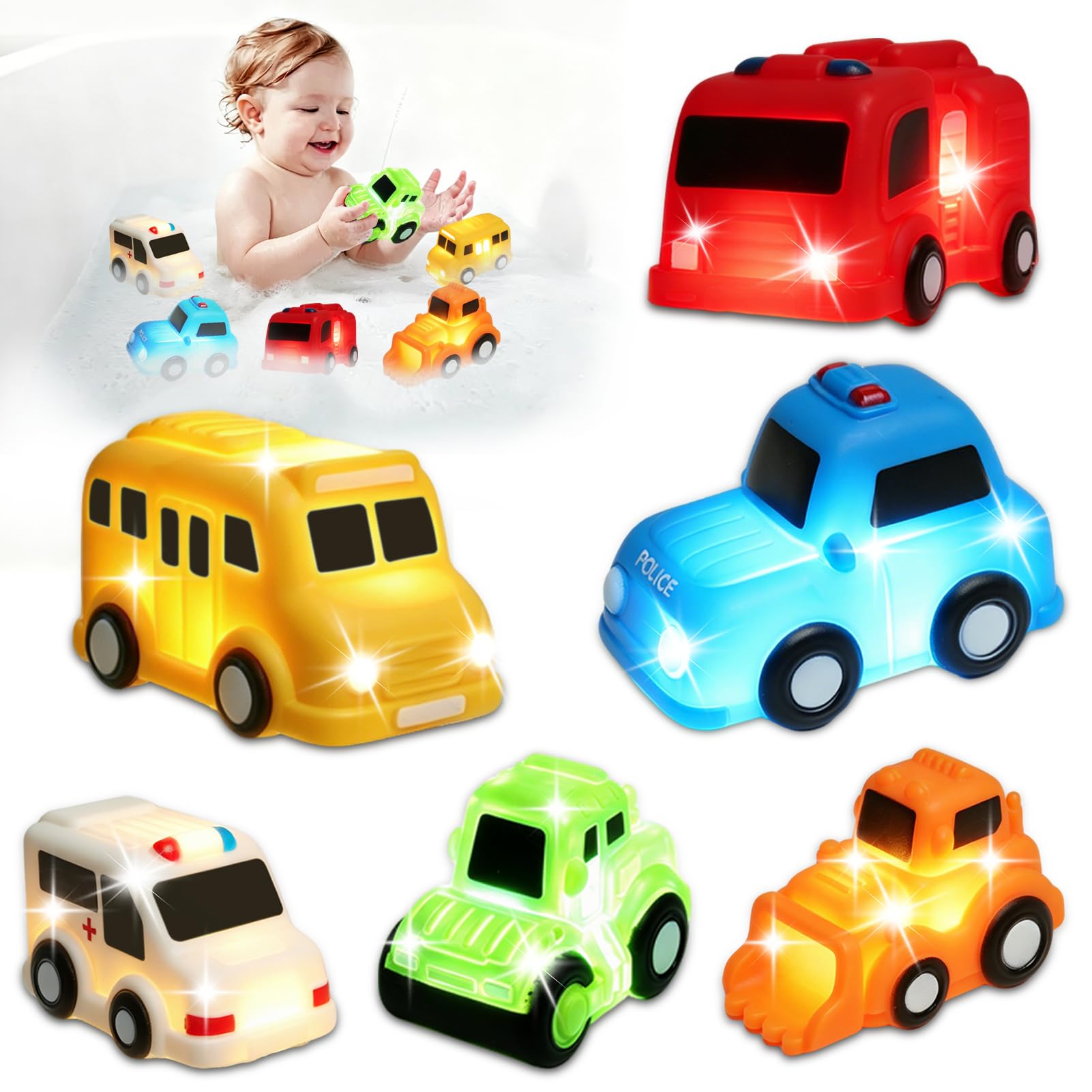 TonStyle Light Up Bath Toys Cars, 6 Pack Cars Light Up Bath Toys,Baby Bath Toy Car For 1 2 3 Year Olds,Baby Toy For Bathtub, Swimming Pool, Shower And Beach Games ﻿