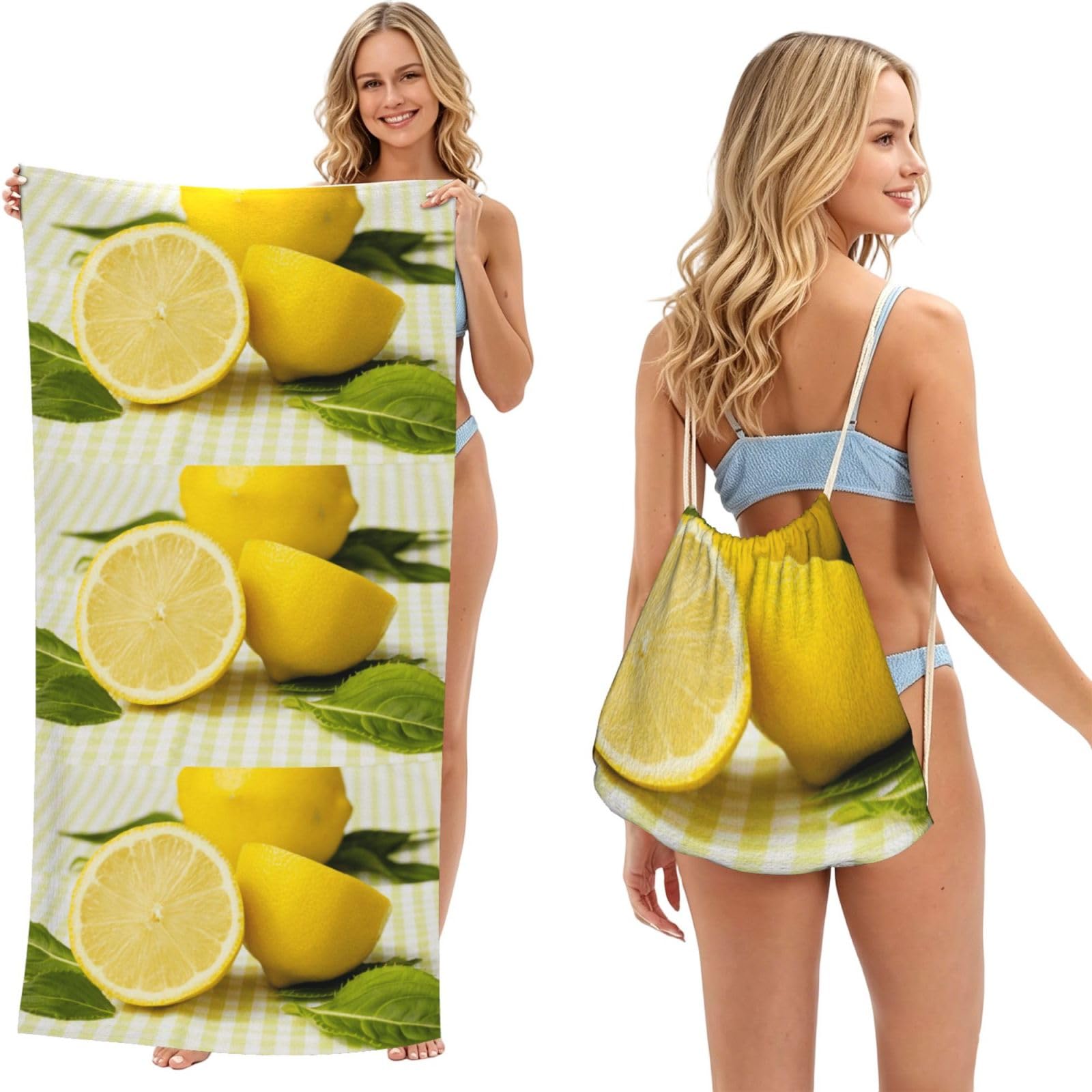 Poadnly As Picture Yellow Lemon, 2 In 1 Packable Towel Bag, Beach Towels With Drawstring Backpack For Travel Holiday Camping