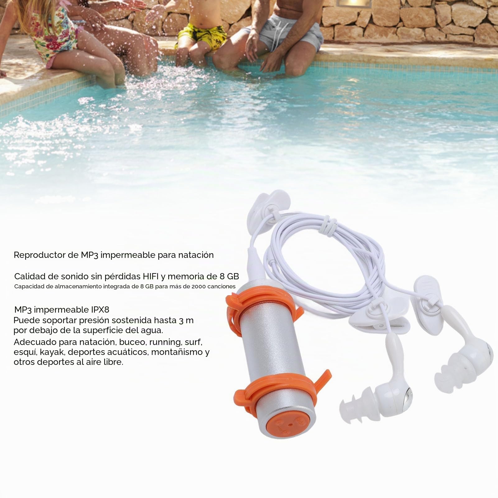 IPX8 Player MP3 Impermeable para Natación, Memoria de 8 GB, Reproducción de 8 H, Incluye Auriculares Impermeables, Concha de Aluminio, para Bucear, Correr, Surf, Deportes (Silver)