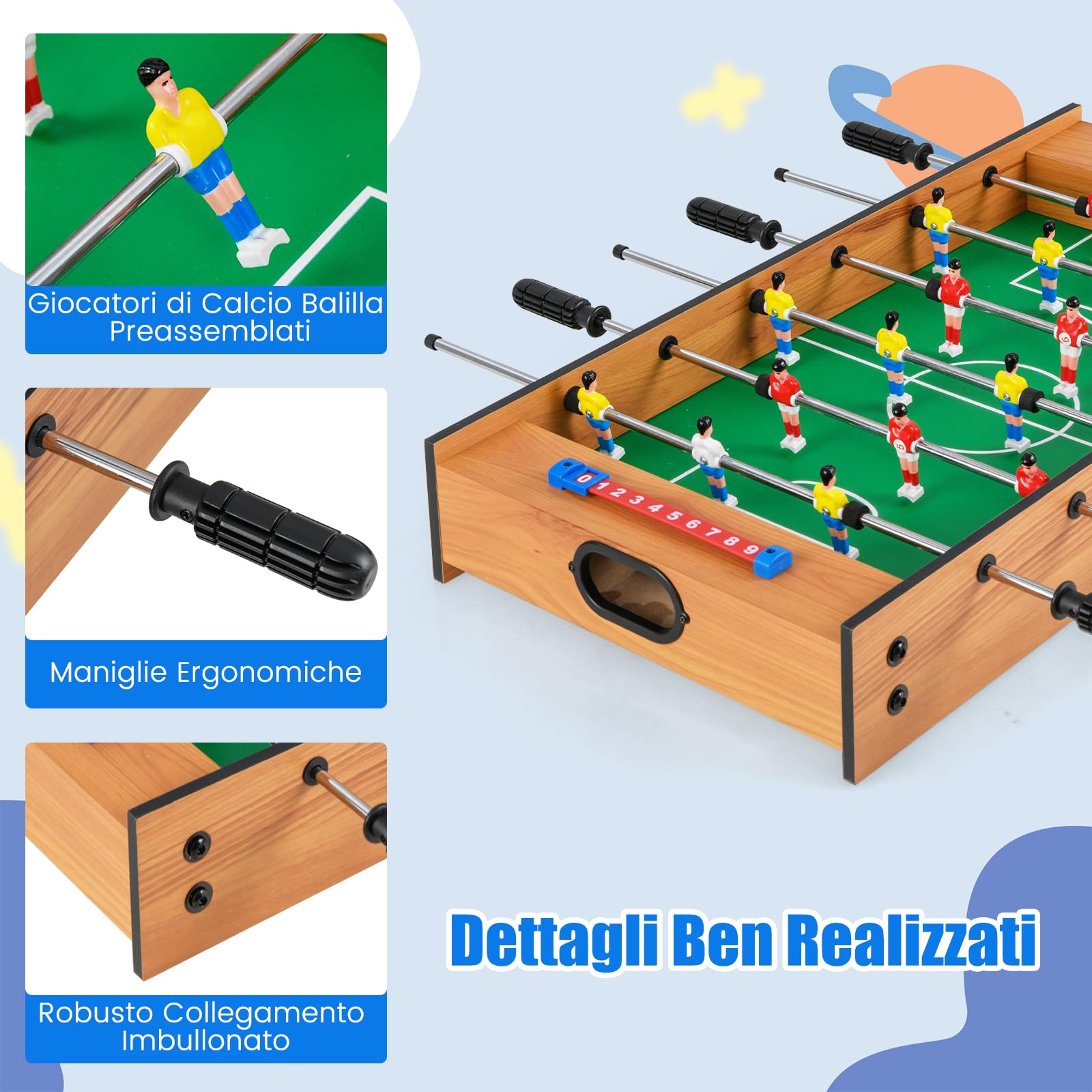 COSTWAY 2 in 1 Calcio Balilla in Legno, Calcetto da Tavolo e Hockey da Tavolo con 6 Aste, con 2 Segnapunti, Biliardino per Bambini e Adulti da Casa, 69 x 36 x 10 cm