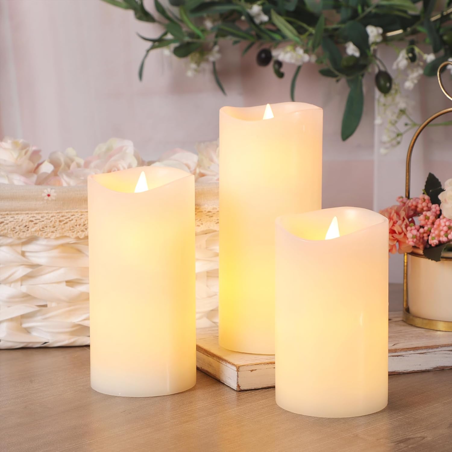 Crystal Club Flickering Flameless Candles with Remote Timer, Battery Operated LED Pillar Candles, Real Wax Candles for Home Mantel Decor-Set of 3