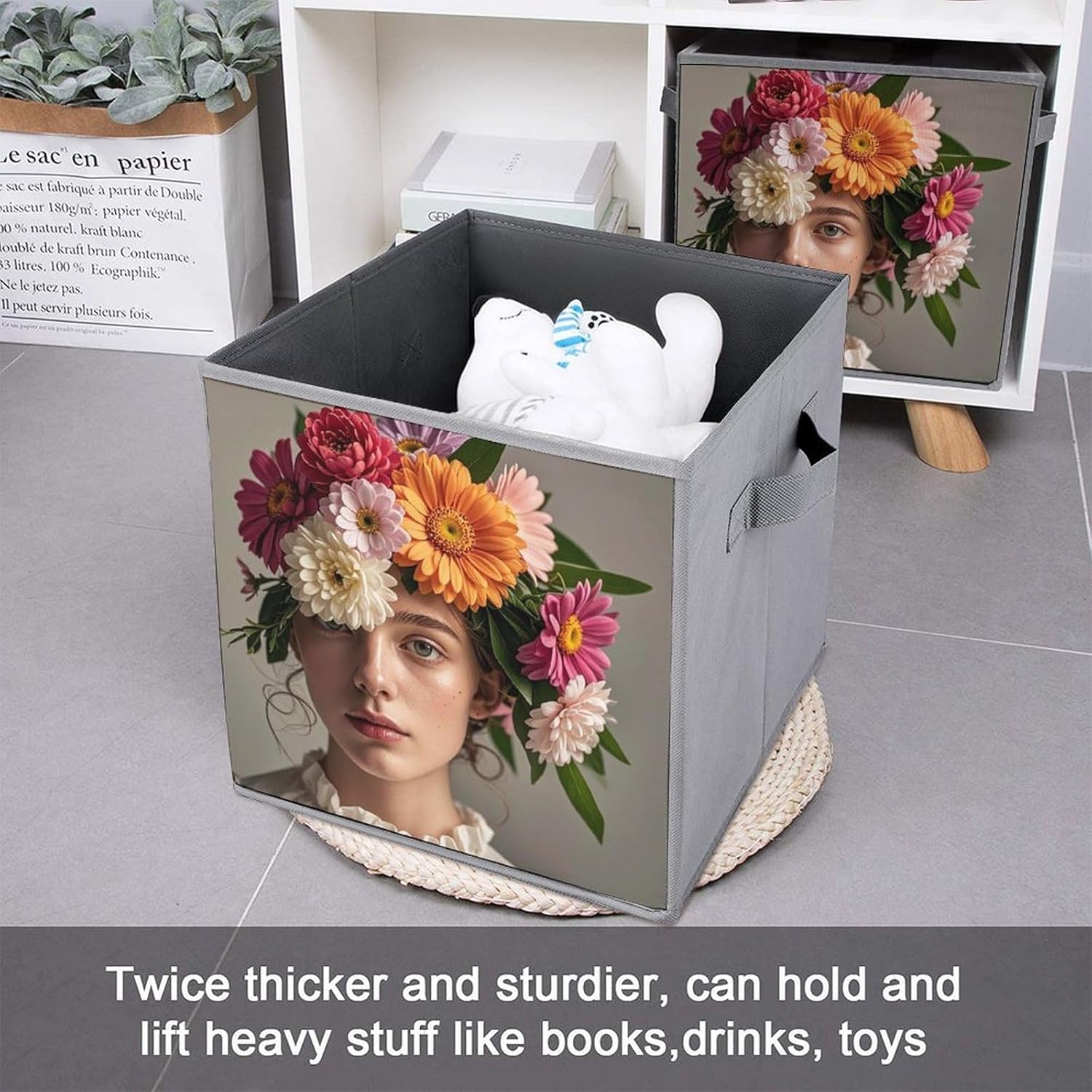 Head Wearing Floral Vortex Shape Foldable Storage Box with Handles, Durable Oxford Storage Cubes, 6PCS Collapsible Closet Organizer for Home, Shelf, Office, Travel