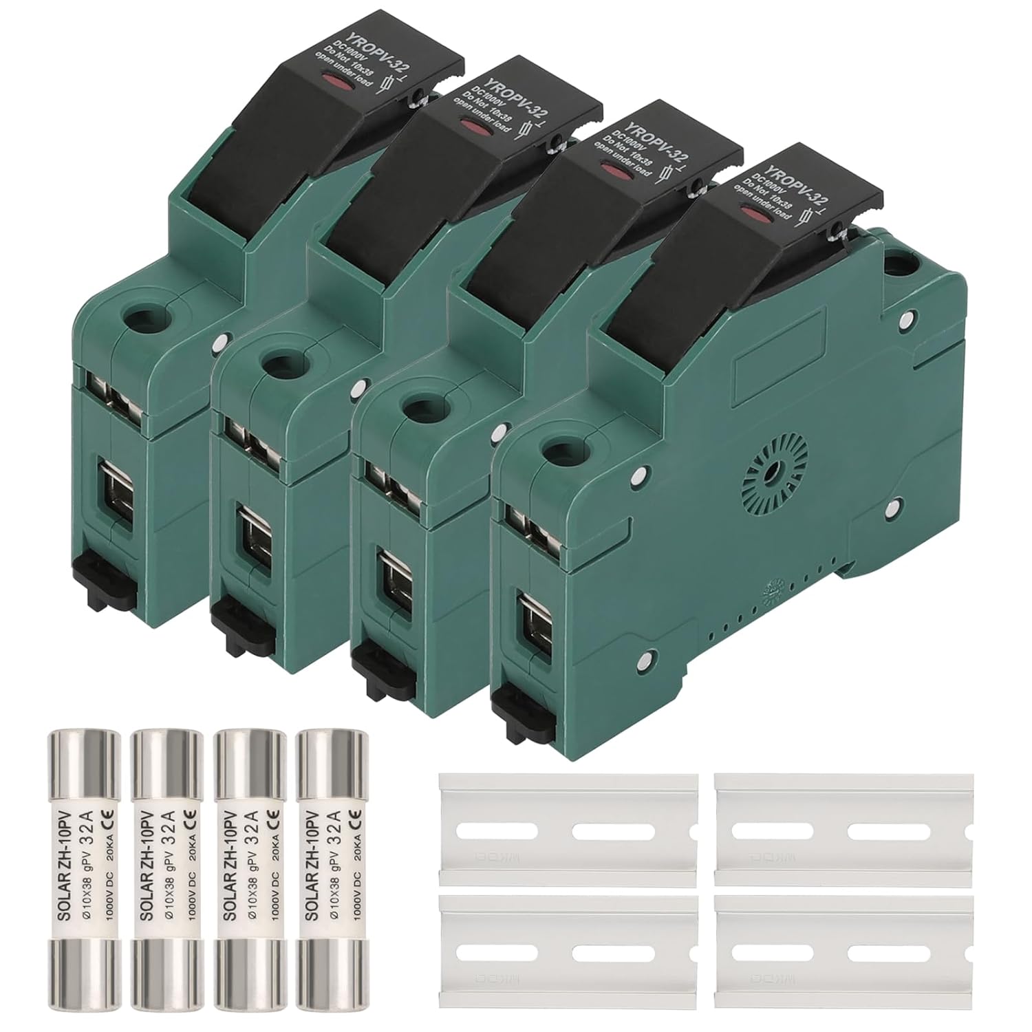 4 Pcs Solar Panel Fuse Holders, 4 Pcs 32 Amp DC1000V PV Fuses, Photovoltaic Fuse with Holder, 100 mm DIN Rail Mounting, for Solar PV System Protection