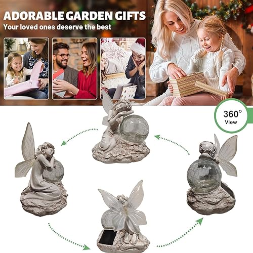 Miniatura 7 de Estatuas solares de jardín de hadas, estatua al aire libre con bola de vidrio, luces solares de resina impermeable, decoración de patio, césped,