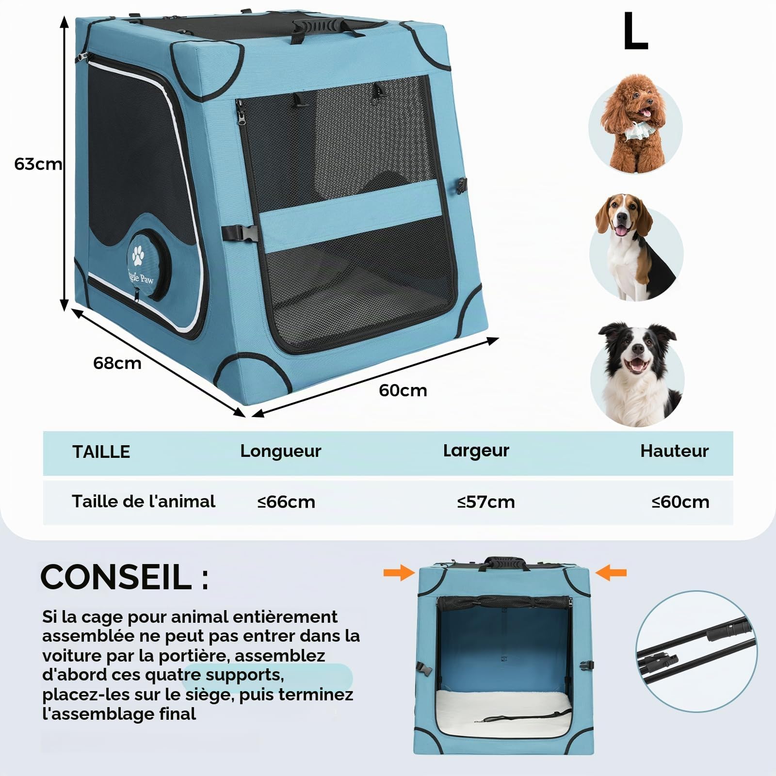 Snagle Paw Cage portable pour chien pour voyage en voiture, cadre en métal, cage de transport pour animal domestique pour siège arrière de voiture sécurisée avec sangle d'appui-tête et ceinture de