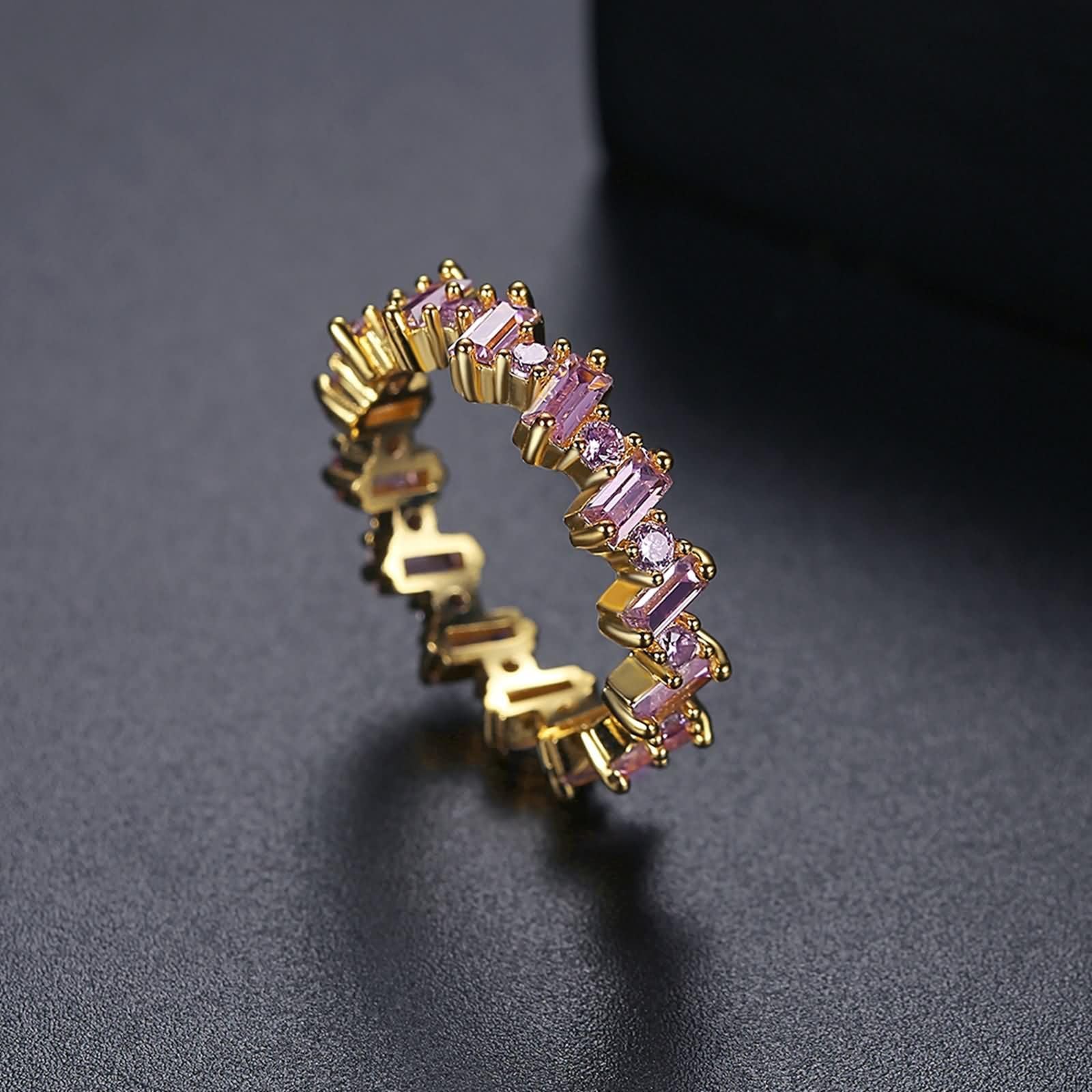 Beydodo Anillo Matrimonio Oro Amarillo 9 14 18Kilates Mujer con Rectángulo y Redondo con Cristal Rosa, Anillo Oro de Mujer Alianza