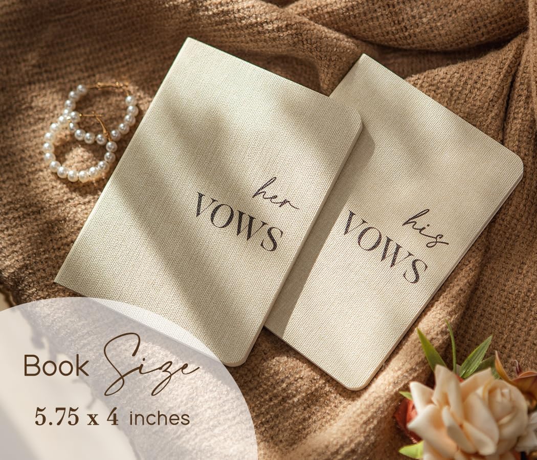 Slim Vow Books (Set of 2 - Design 1) - Soft Cream Canvas Linen Textured Cover Wedding Vow Booklets, Ceremony Speech Promise Notebook Journal, Gift for Newly Engaged Couple, 48 Lined Pages, 5.75" x 4"
