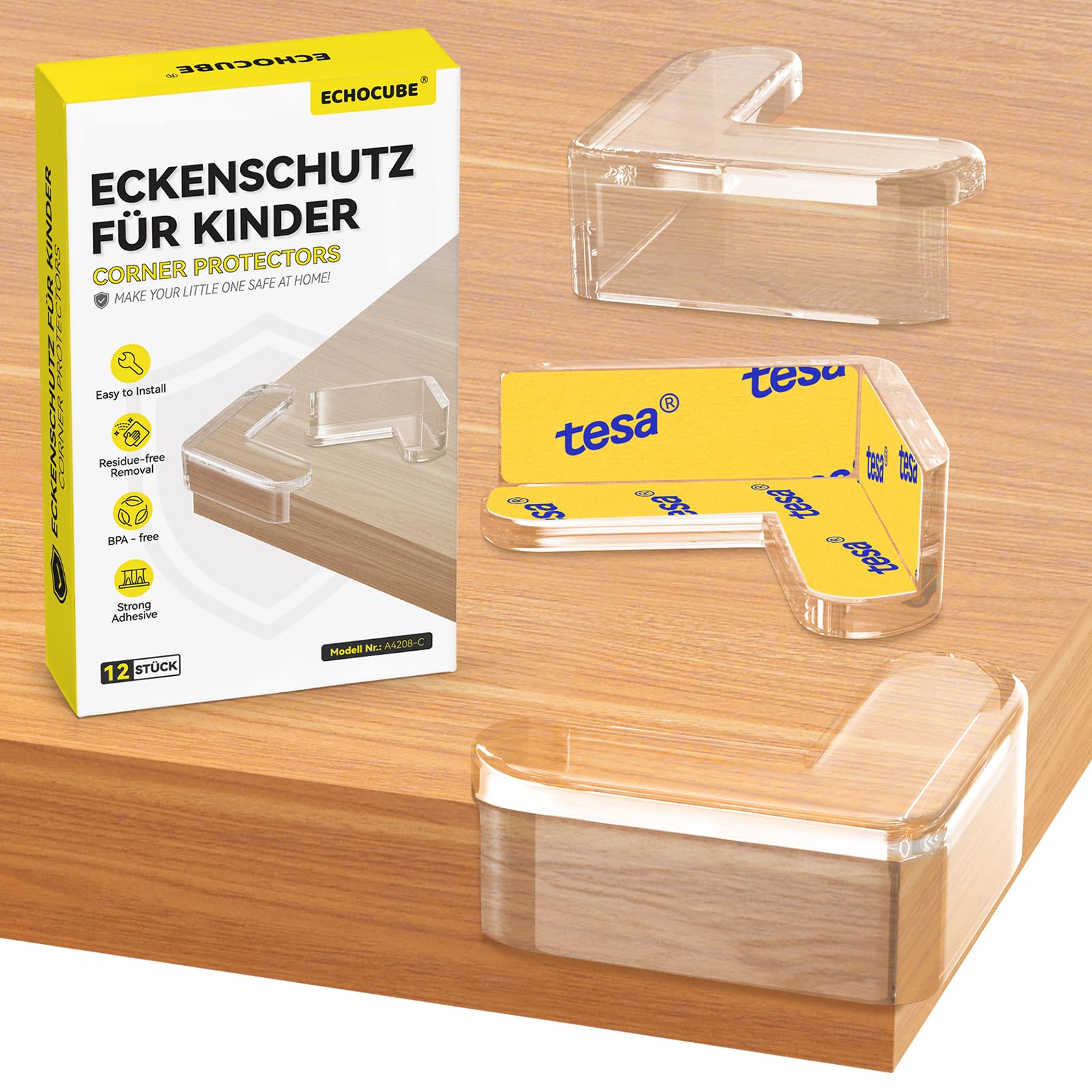 ECHOCUBE Corner Protectors for Kids, 12 PCS Transparent Table Edge Protectors with Strong TESA Adhesive Tapes, Baby Proofing Safety Corner Guard for Furniture Sharp Corners - L Shape