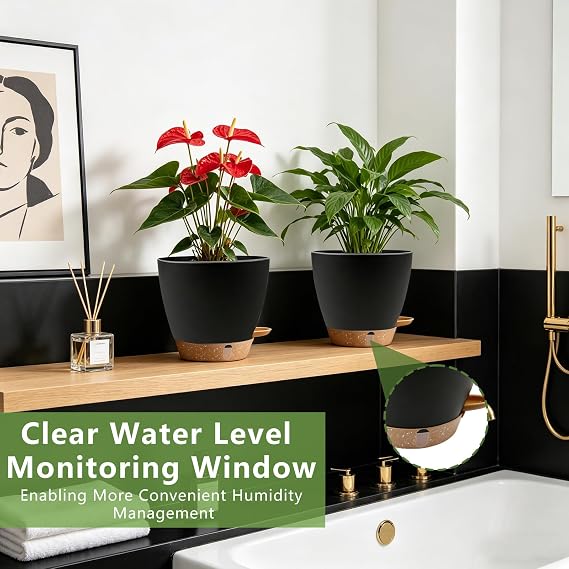 20cm Self Watering Plant Pots with Water Level Gauge, 2pcs Plant Pot Black