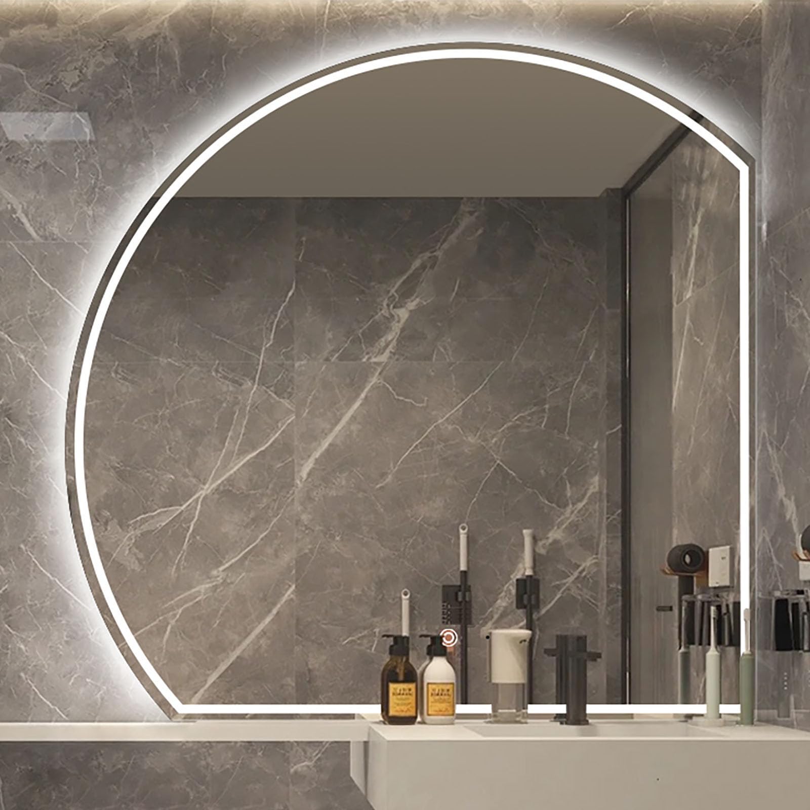 500X500 mm Illuminated Backlit LED Bathroom Mirror, Wall Mounted Multifunction Bathroom Vanity Mirror with Lights and Demister Pad, Energy-Saving Illuminated Smart Mirror 50cm/19.8in lowerrightcut