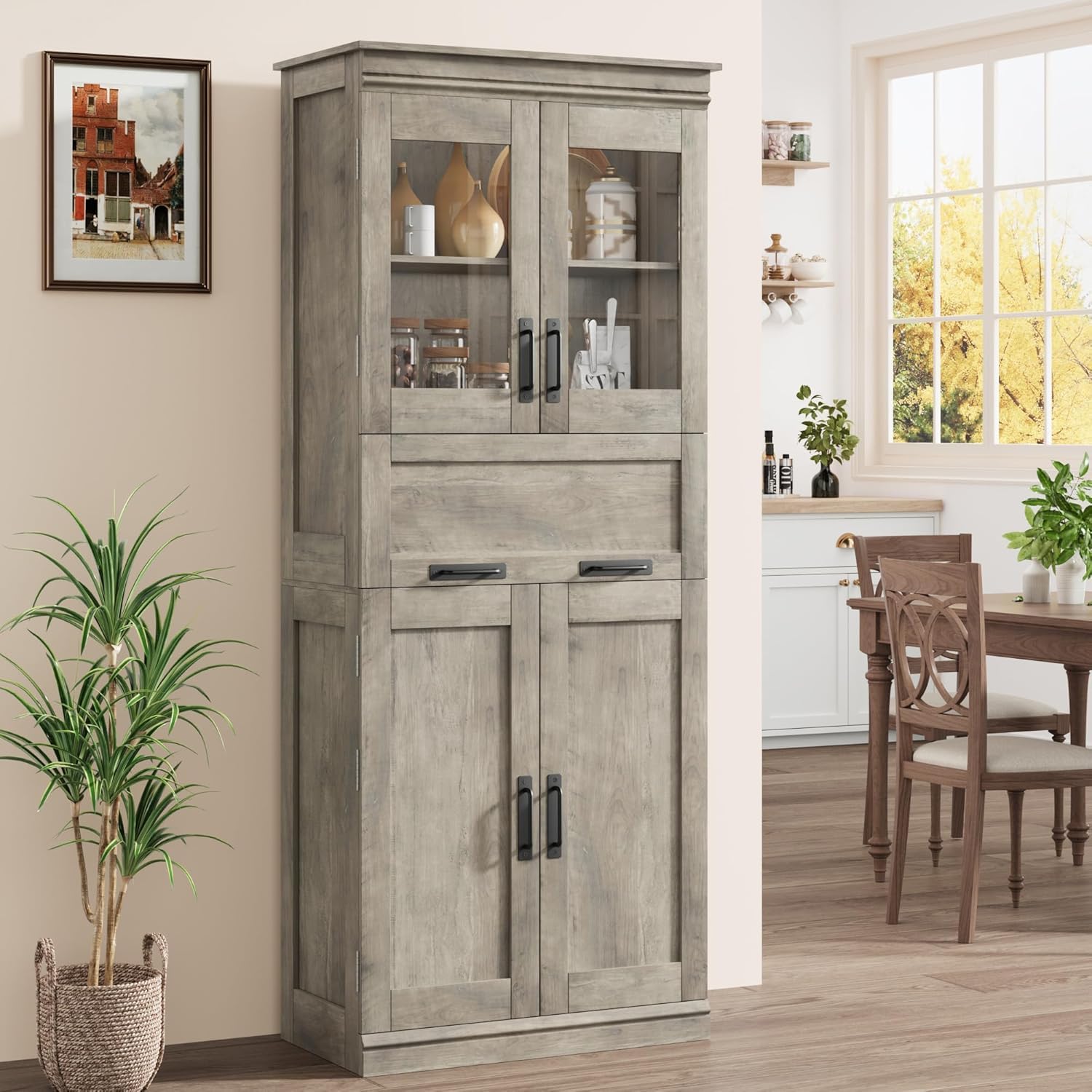 Garvee Mueble De Baño con 4 Puertas 170cm, Cajón De Cristal Abatible y Estantes Ajustables. Organizador Independiente para Cocina y Sala De Estar - Gris