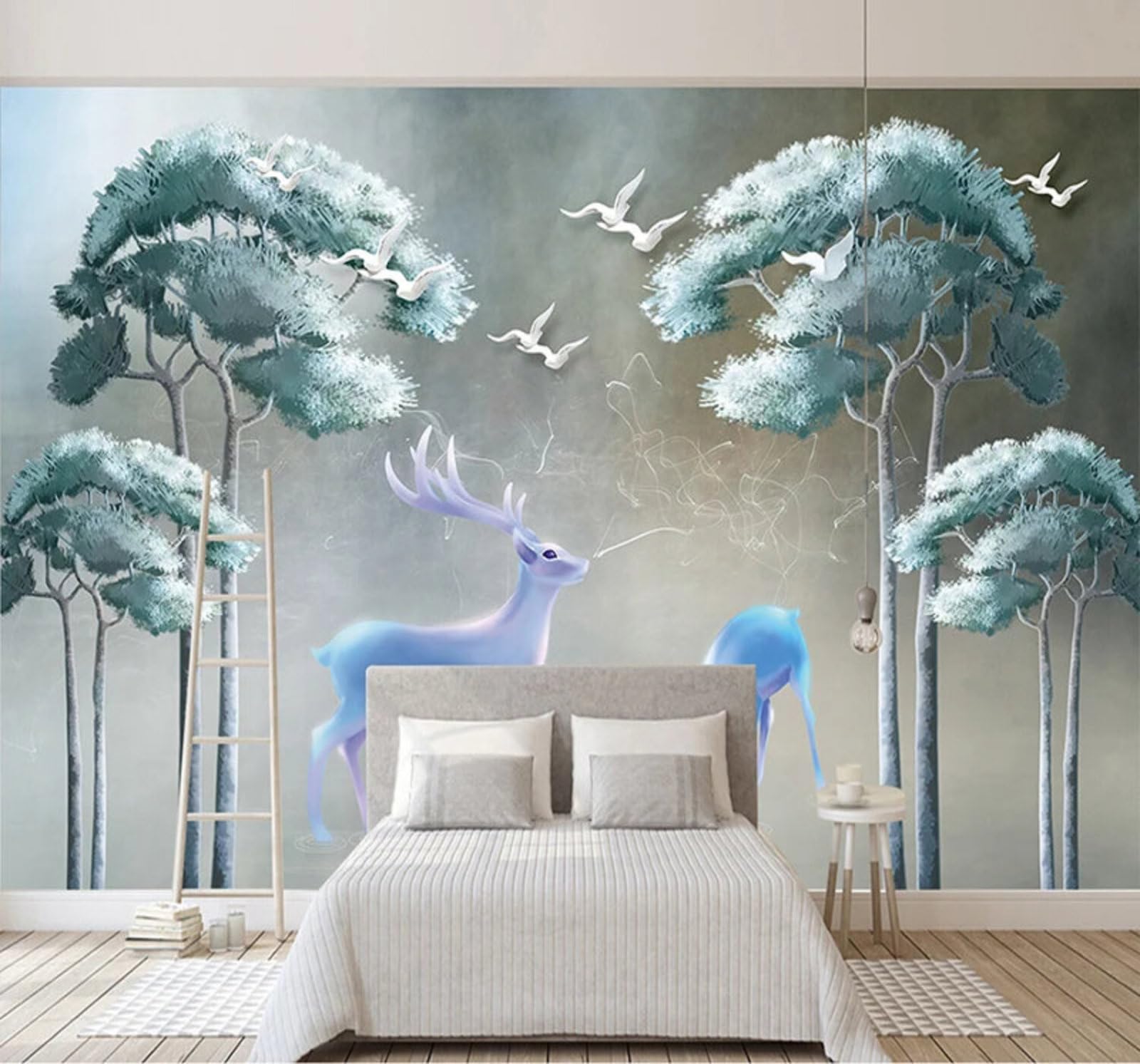 Fantasy Forest Birds Reindeer Decorative 3D Wallpaper Easy Install Feature Office Living Room Sofa Bedroom TV Background Wall Decoration-250cm×170cm