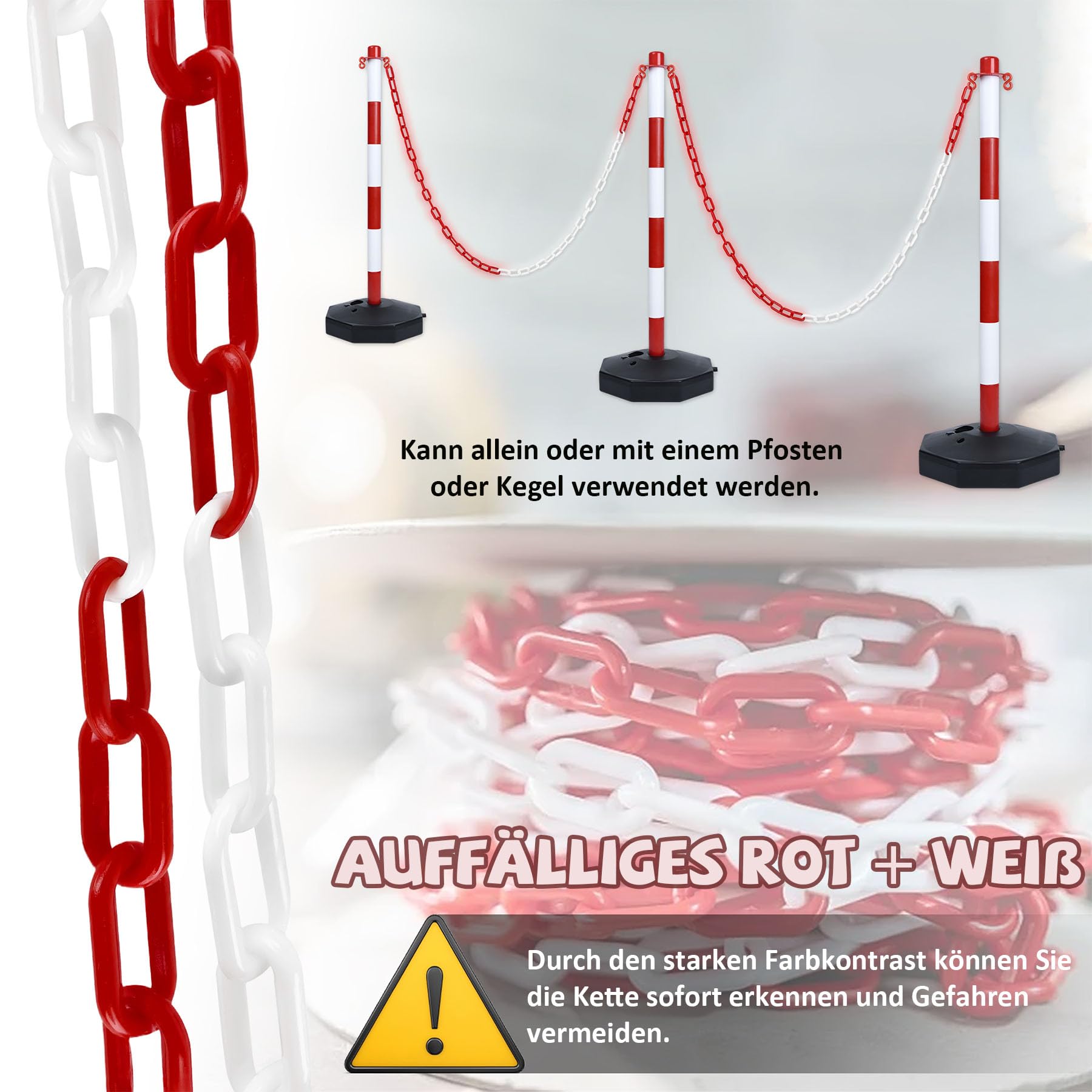 Froadp Catena di sicurezza in plastica, 50 m, colore rosso, bianco, diametro 6 mm, catena di sicurezza per cantieri, parcheggio, catena per bloccare superfici