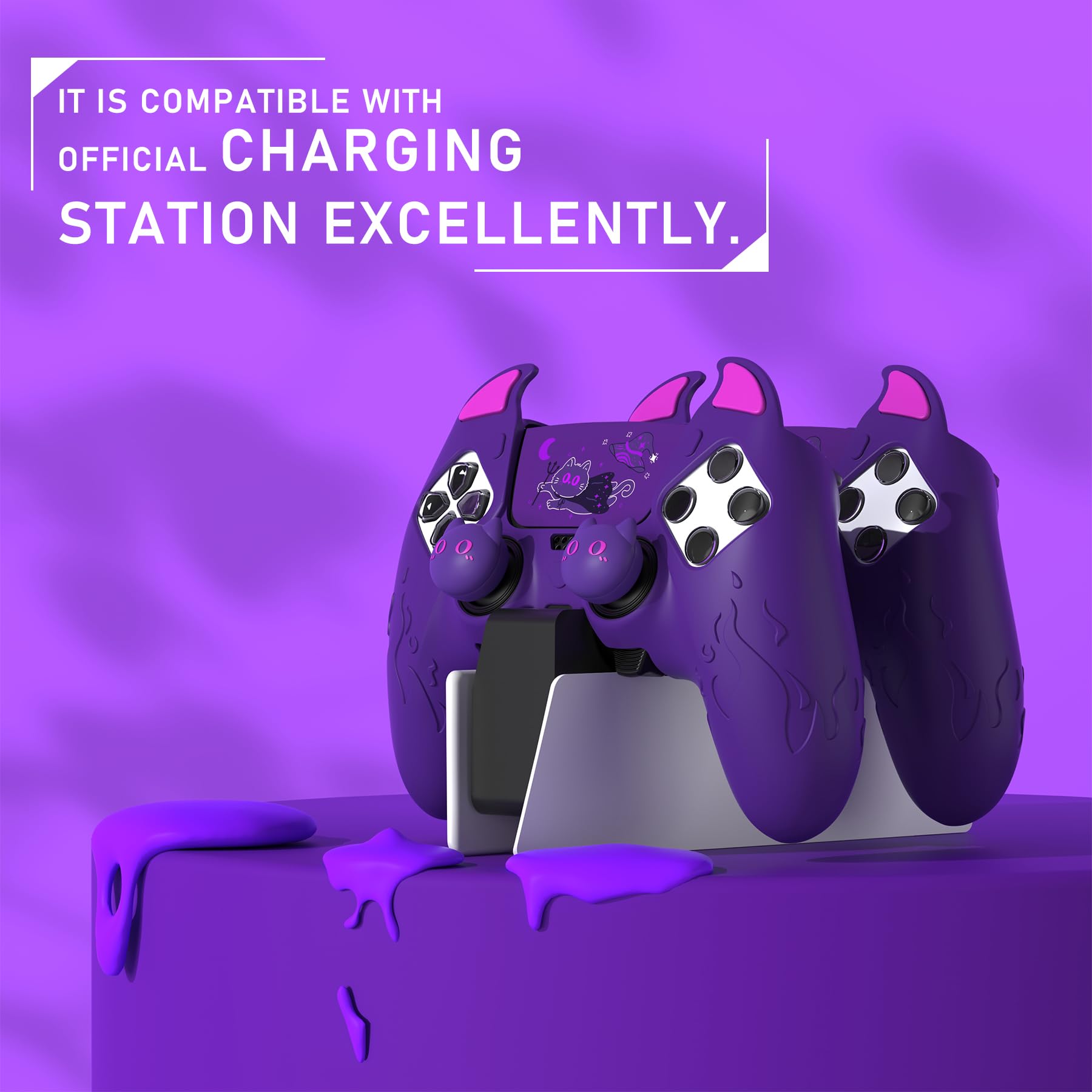 PlayVital Etui do ps5 Edge z Ochrona Joysticków do ps5 Edge Kontrolera Akcesoria & Naklejka na Panel Dotykow,Silikonowy Pokrowiec Antypoślizgowy–Fioletowy,Uroczy Demon