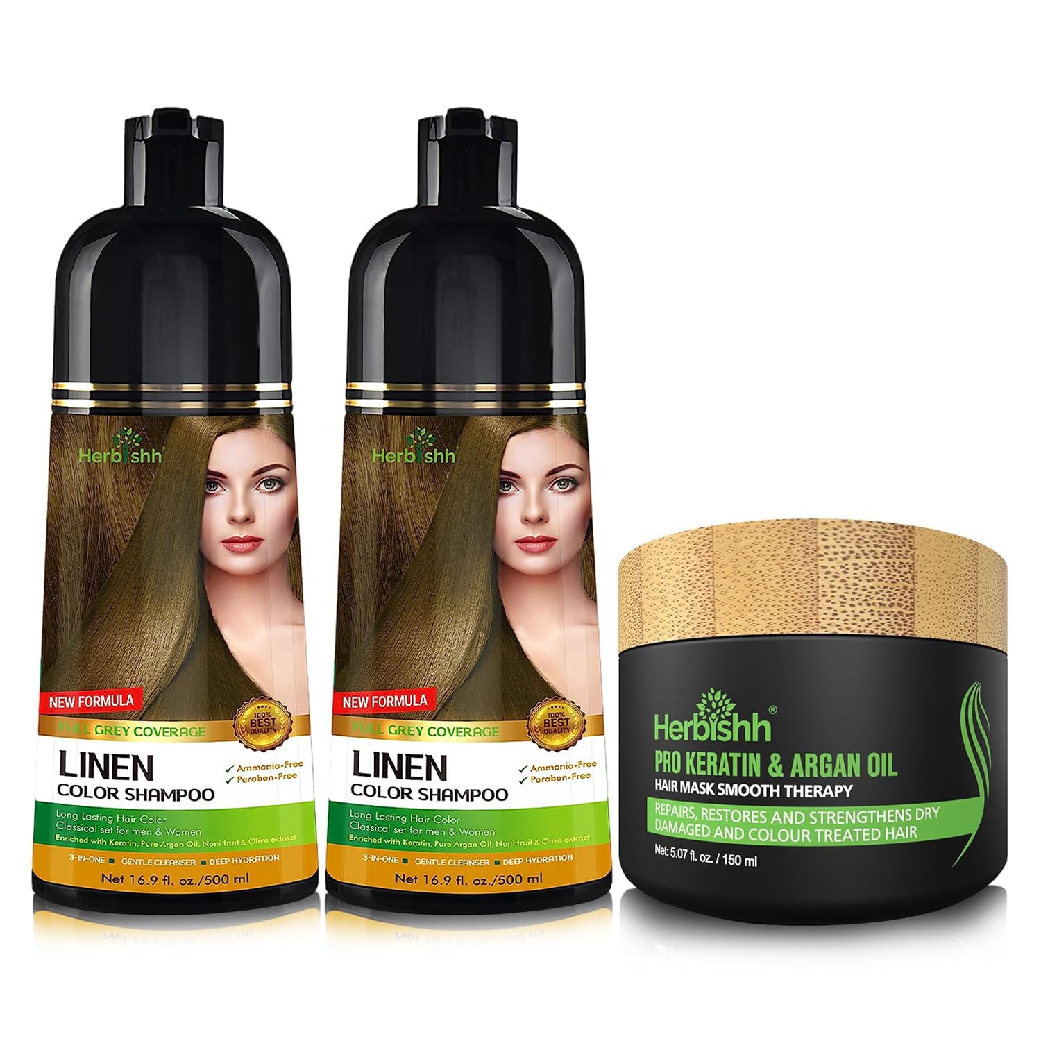 Herbishh Ultimate Hair Color Shampoo Kit (2 sztuki szampon do włosów + maska arganowa) do siwych włosów, trwały szampon do farbowania włosów dla mężczyzn i kobiet, długotrwały szampon (Linen)