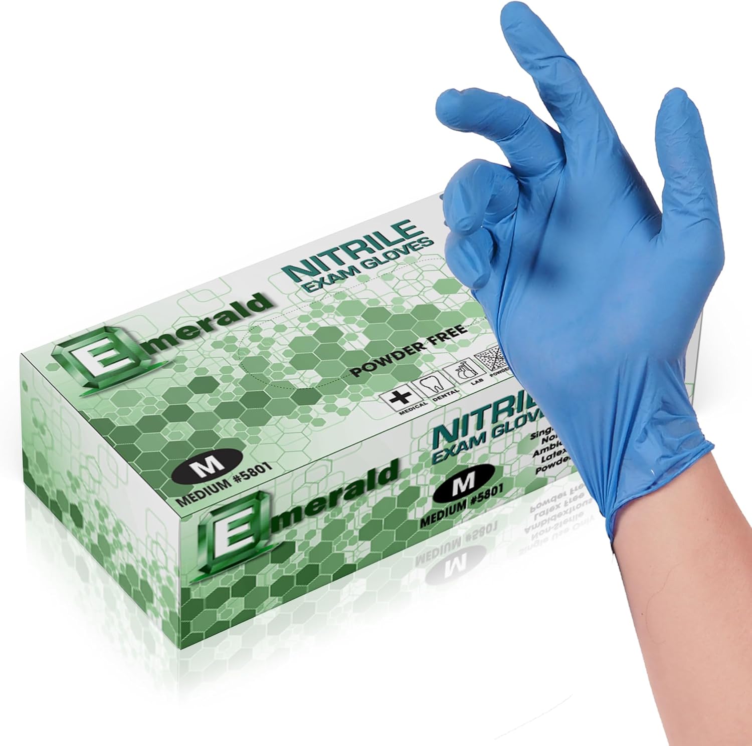 Emerald -100 Pack- Nitrile Medical Exam Gloves, Latex Free, Powder Free, Blue, Size: Medium
