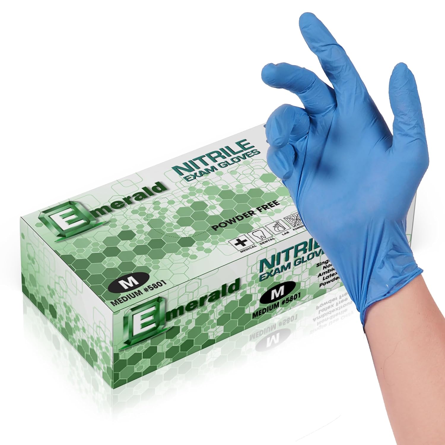 Emerald - 1,000 Gloves - Full Case - Nitrile Medical Exam Gloves, Latex Free, Powder Free, Blue, 10 Boxes of 100, Size: Medium