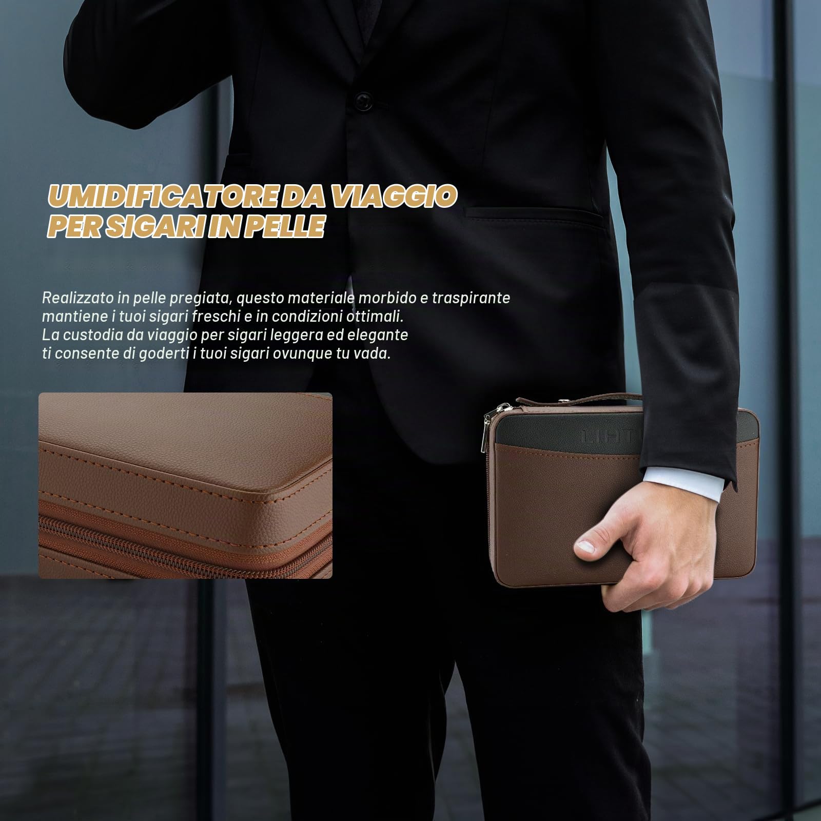LIHTUN Humidor per sigari, Humidor da viaggio in cedro in pelle con kit accendisigari multifunzionale 5 in 1 - Humidor da viaggio portatile e 2 pacchetti di controllo dell'umidità a due vie