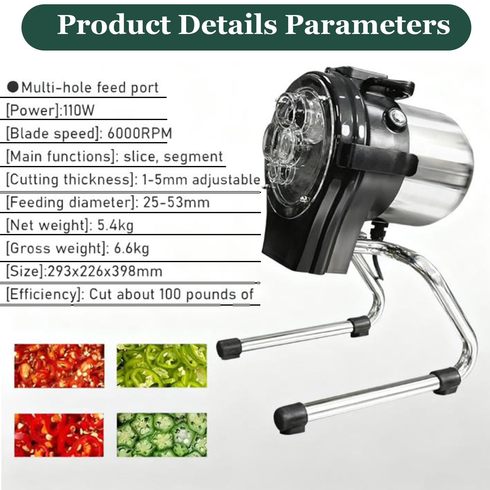 Cortador eléctrico de verduras, cortador comercial de 110 W, grosor ajustable de 1 a 5 mm, 6000 RPM, procesador de alimentos para cebolla, ajo, jengibre, chile, patata