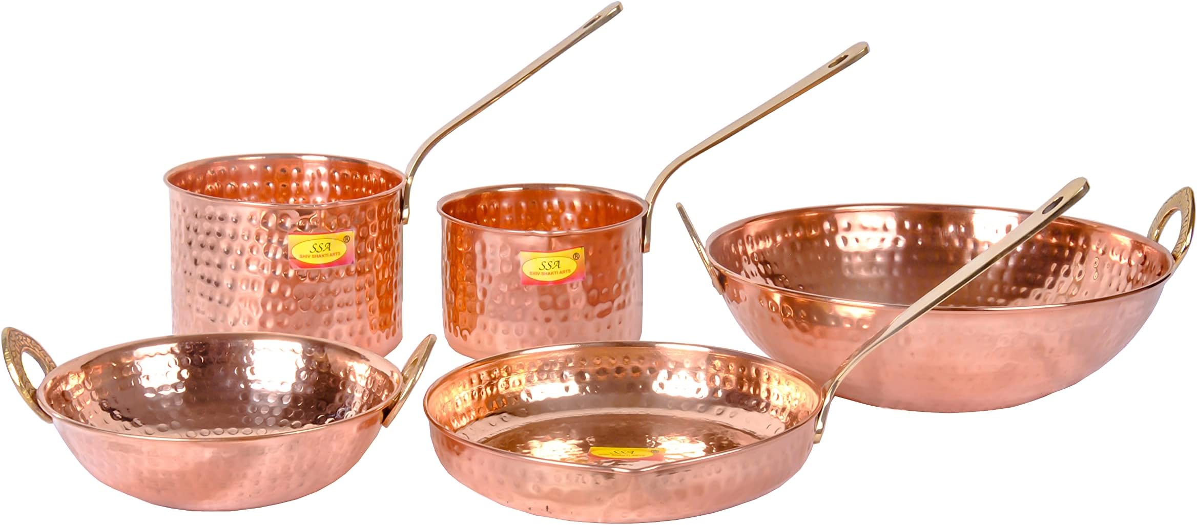 Shiv Shakti Arts® Pure Copper Cookware Set 5 Piece (Copper Sauce Pan | Kadhai Fry Pan) With Brass Handle For Cooking Purpose
