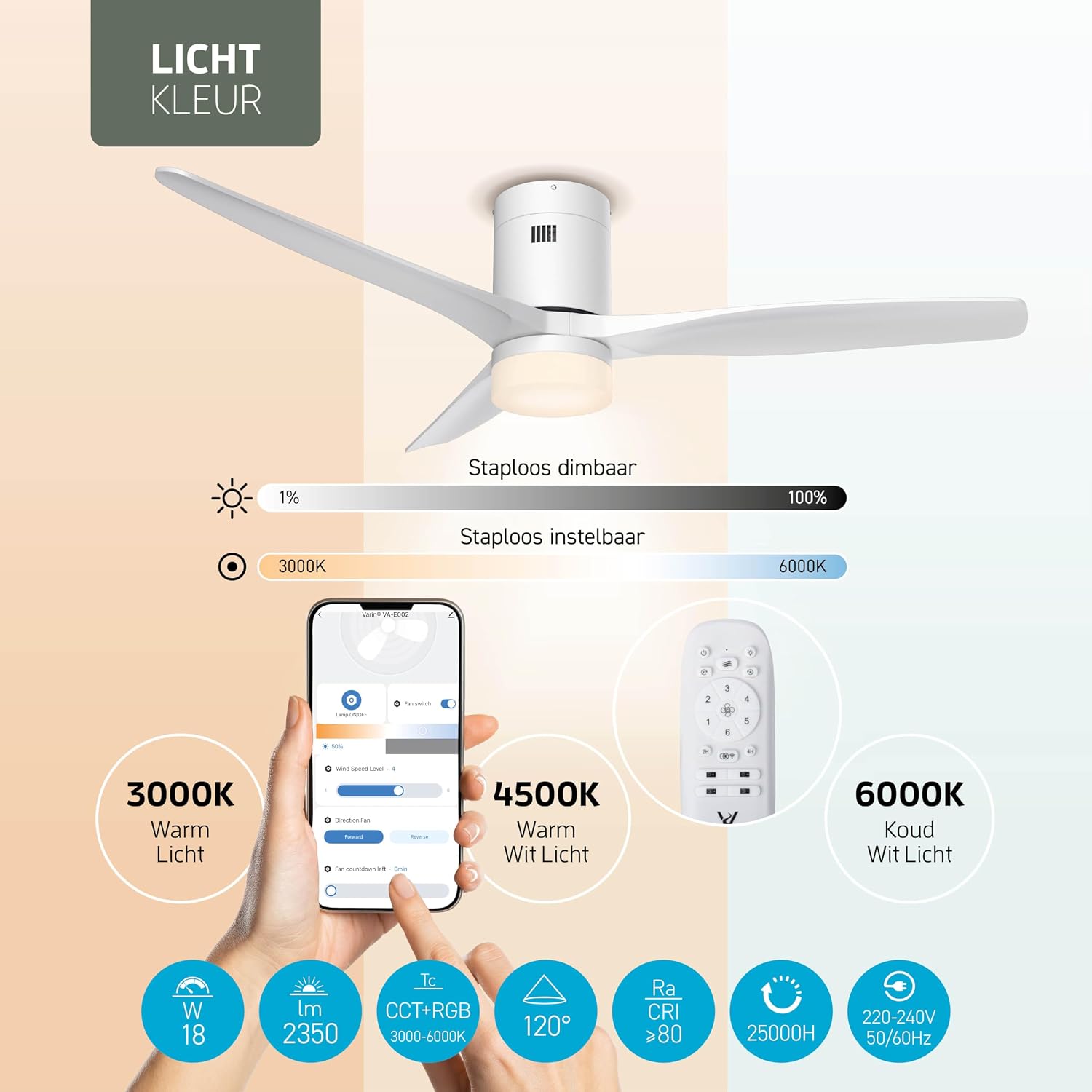 Varin Smart Ceiling Fan light color and dimming options, showing 3000K, 4500K, and 6000K settings, and remote control.