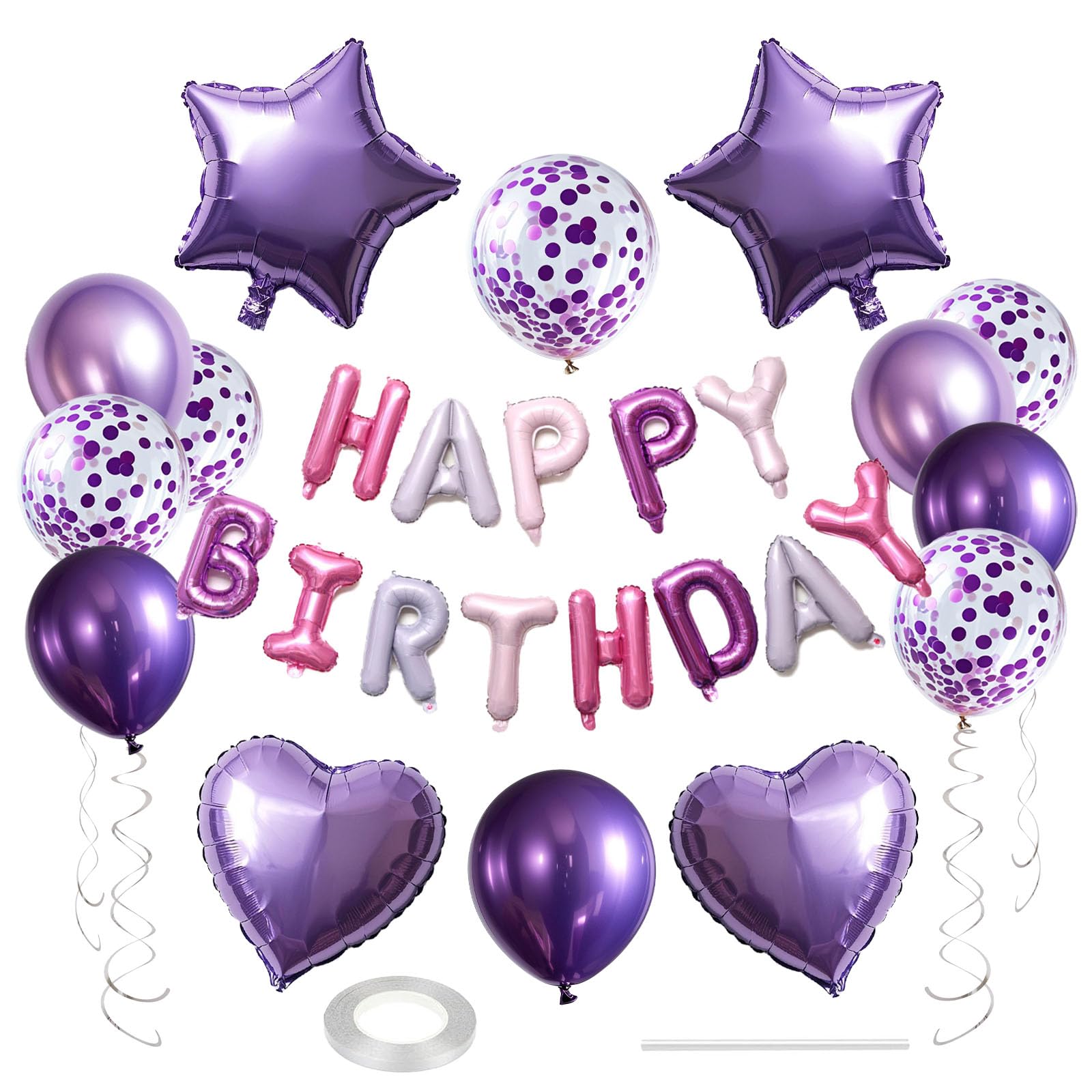 WEIKA 27 Pcs Purple Birthday Decorations, 3D Letters Purple Happy Birthday Balloon Banner, Pentagram Heart Foil Balloons Confetti Balloons Kit For