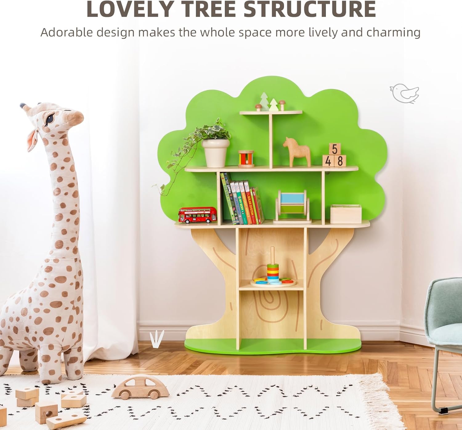 OOOK Kids Bookcase Tree Bookshelf for Kids Reading Nook, Montessori Book Shelf for Classroom, Kids Room, Playroom, Nursery 40.7"W x 45.8"H x 10.6"D