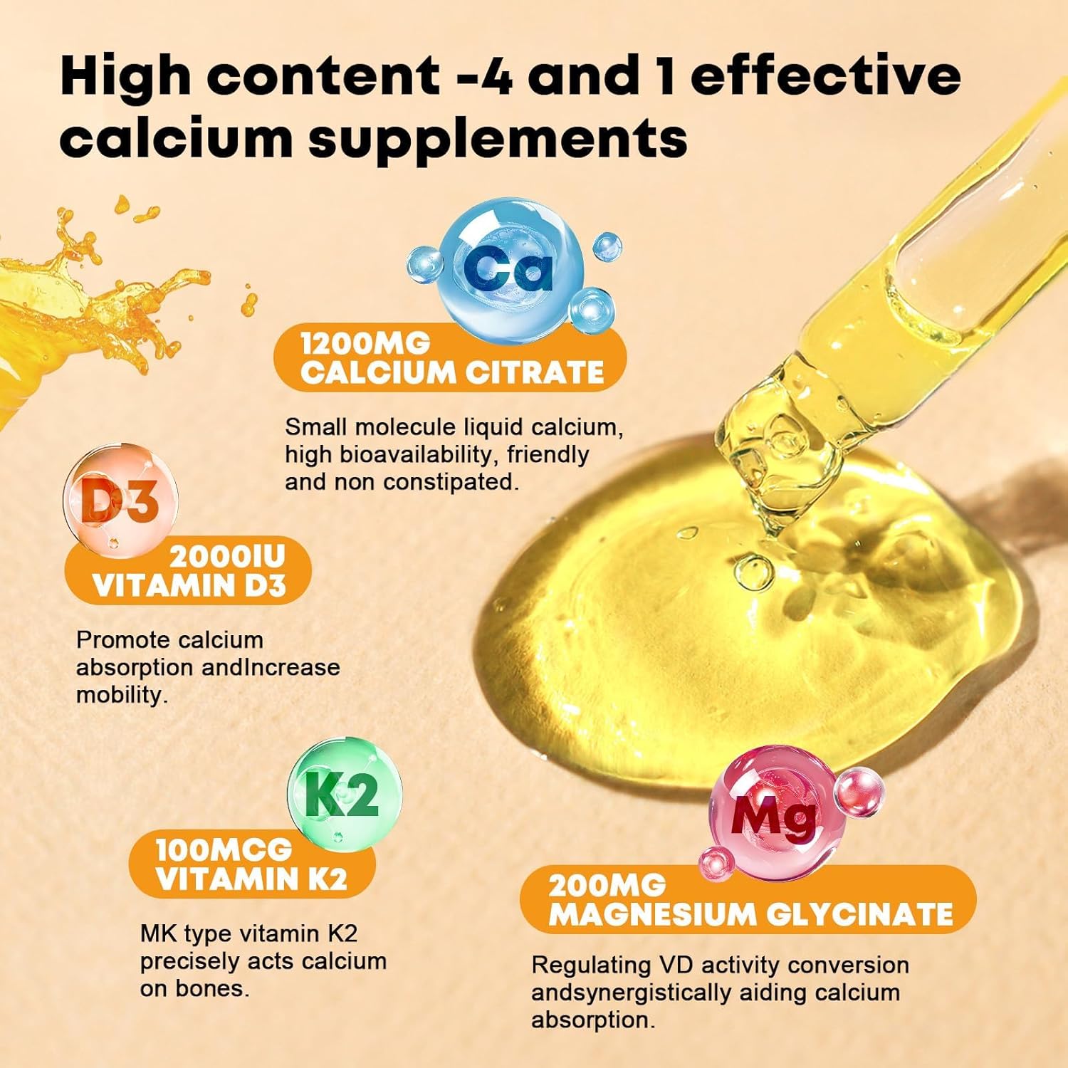 Calcium Citrate Supplement – Calcium Citrate 1200mg with Vitamin D3 Drops | Highly Absorbable | Non-GMO, Gluten-Free | Bones, Teeth & Muscle Support - 1 Fl Oz (2 Pack) - Image 3