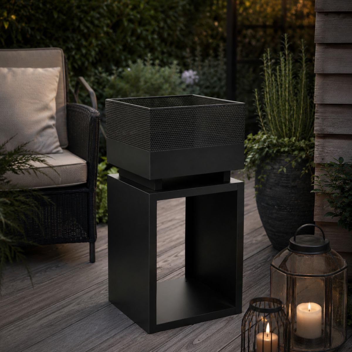 BBQ Collection Brasero Exterieus avec Pare-Étincelles - Cheminée de Jardin 39 x 39 x 85 cm - Cheminée Decoration Jardin Exterieur et Rangement du Bois de Chauffage - Acier au Carbone