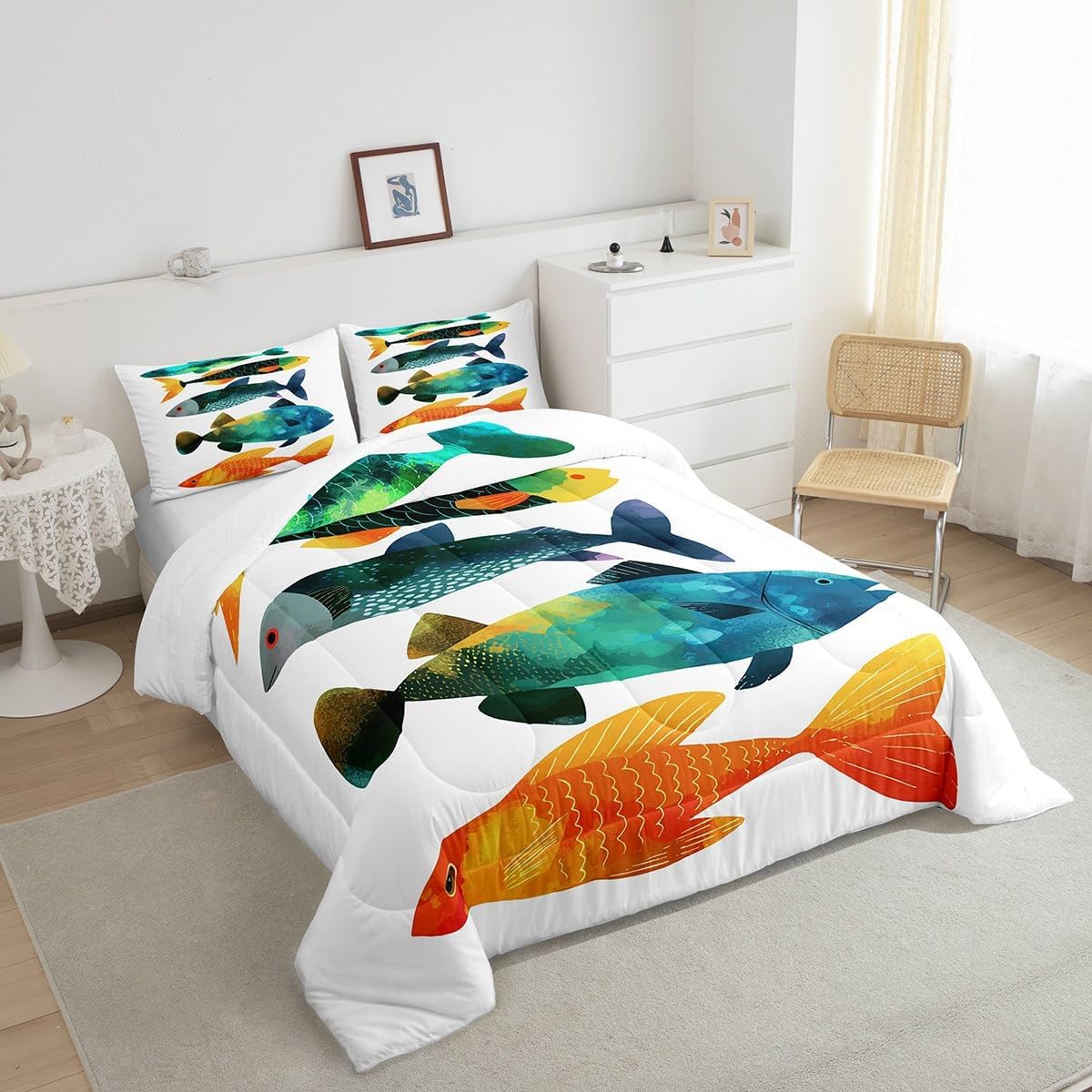 Feelyou Bass Fish Comforter Set Twin Size Cute Cartoon Fish Bedding Bedding Set Set for Kids Boys Teens Farm Fisherman Fishing Comforter Lake Teal Quilt Set Bedroom Duvet Set 2Pcs