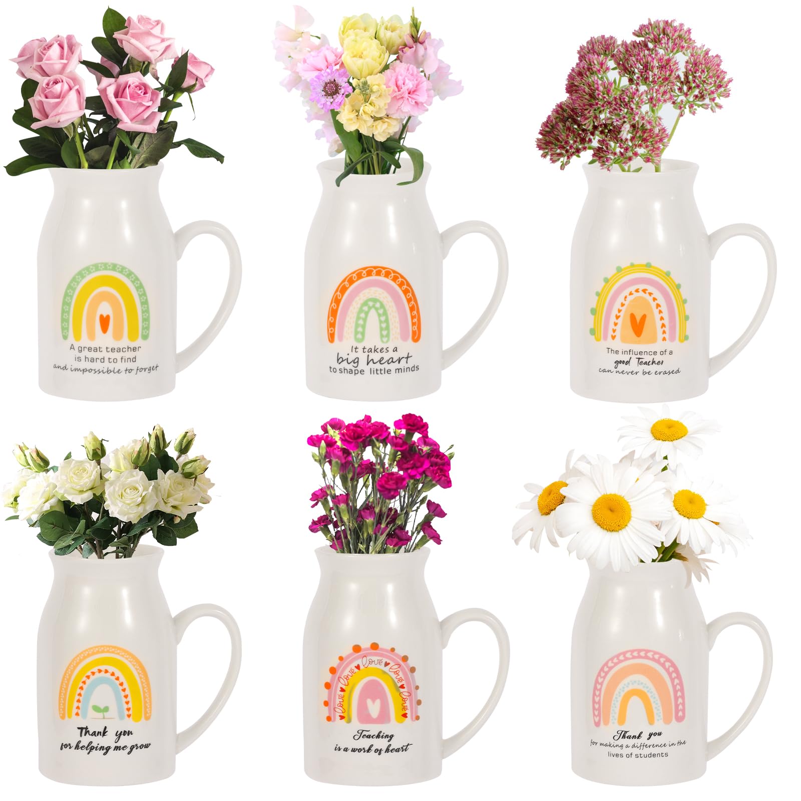 Kolewo4ever6 Pieces Teacher Appreciation Gift Set White Ceramic Vase with Small Handle Milk Jug Vase Rainbow Flower Vases Farmhouse Pitcher Vase for Flowers Dining Table Home Decor (Teacher)