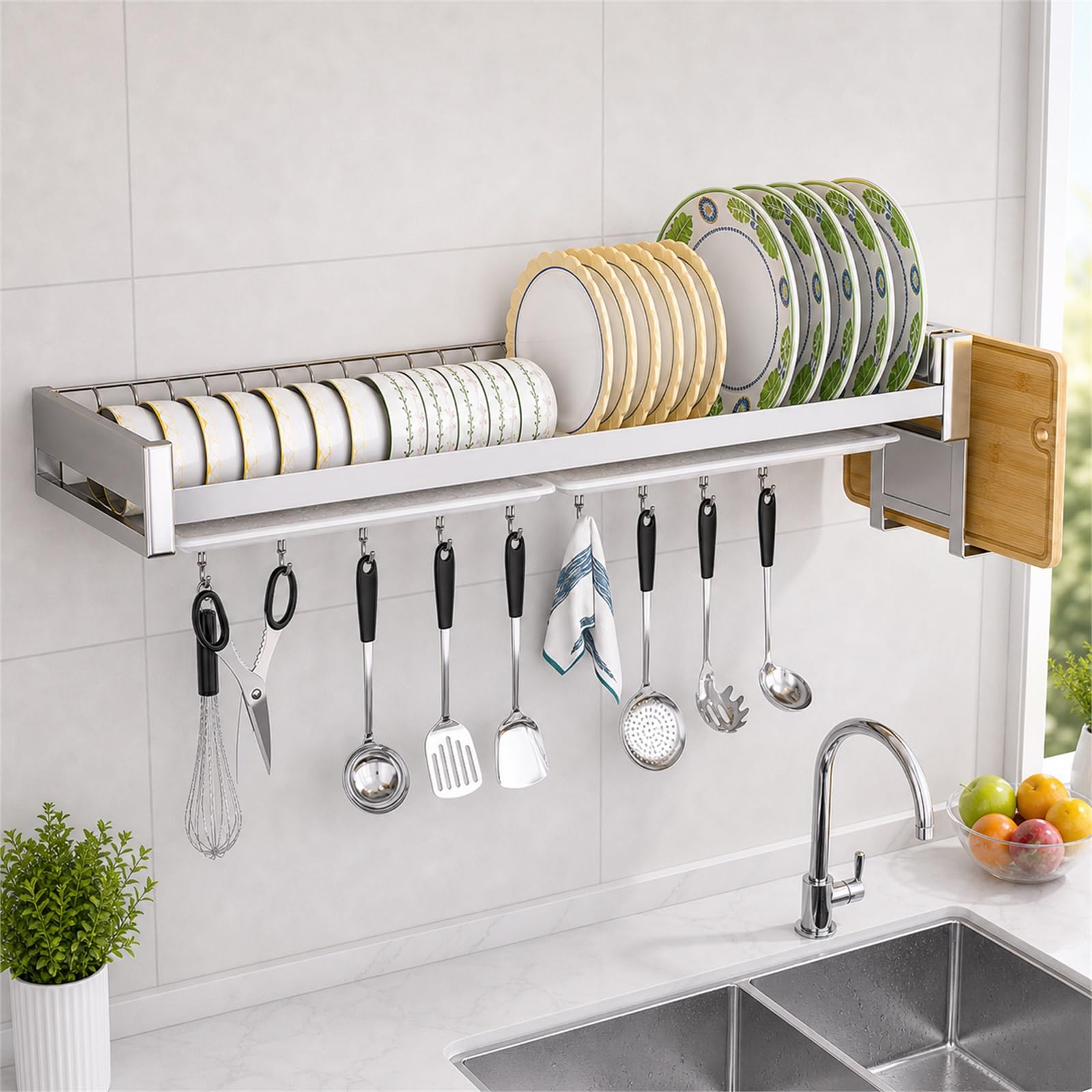 Égouttoir à vaisselle mural – Rangement de cuisine peu encombrant pour assiettes, bols, tasses et plateaux – Empêche le basculement, séchage rapide et accès facile – Parfait pour les petites cuisines