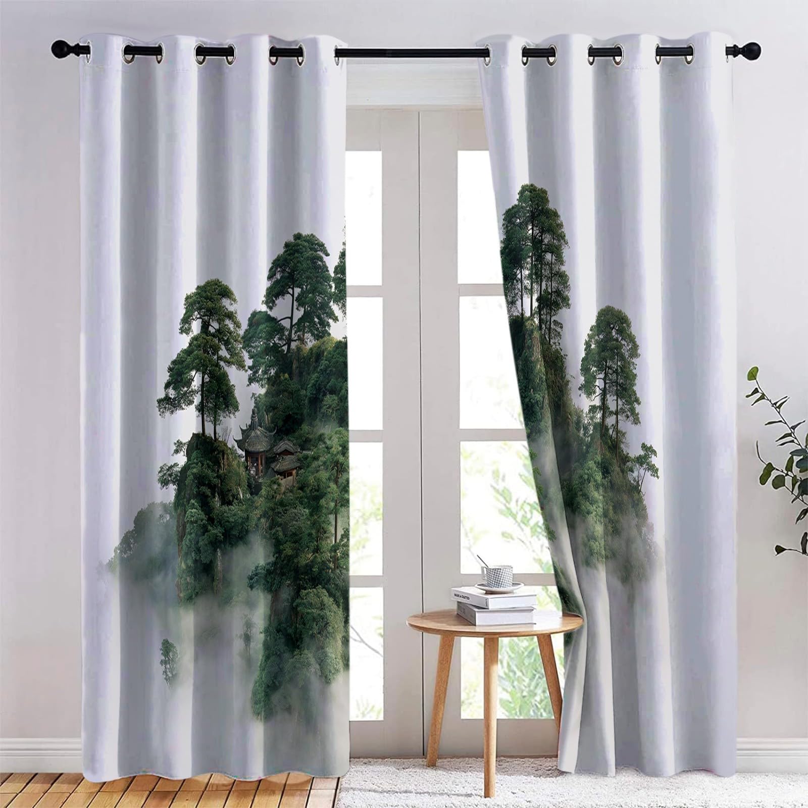 Generisch Vorhang Wolken Wald Verdunkelungsvorhänge 140 x 260 cm (2er Set) - Thermogardine Blickdicht mit Ösen, UV-Schutz Vorhänge für Schlafzimmer & Wohnzimmer Weiß Geheimnis Kiefern Natur