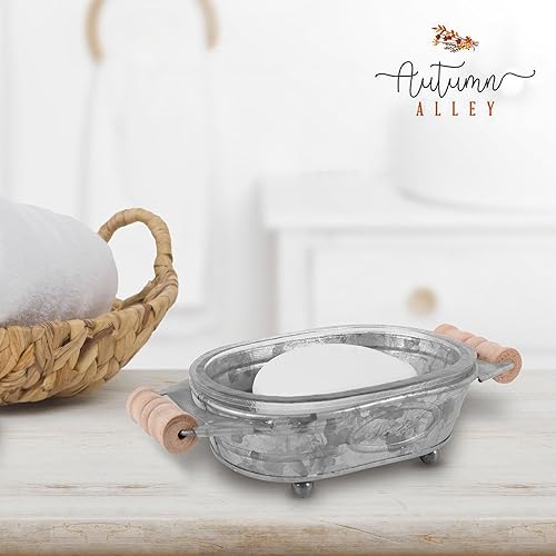 Miniatura 2 de Autumn Alley Jabonera galvanizada para baño, divertida bandeja de jabón de cocina, accesorios de baño de granja, jabonera rústica, asas de madera
