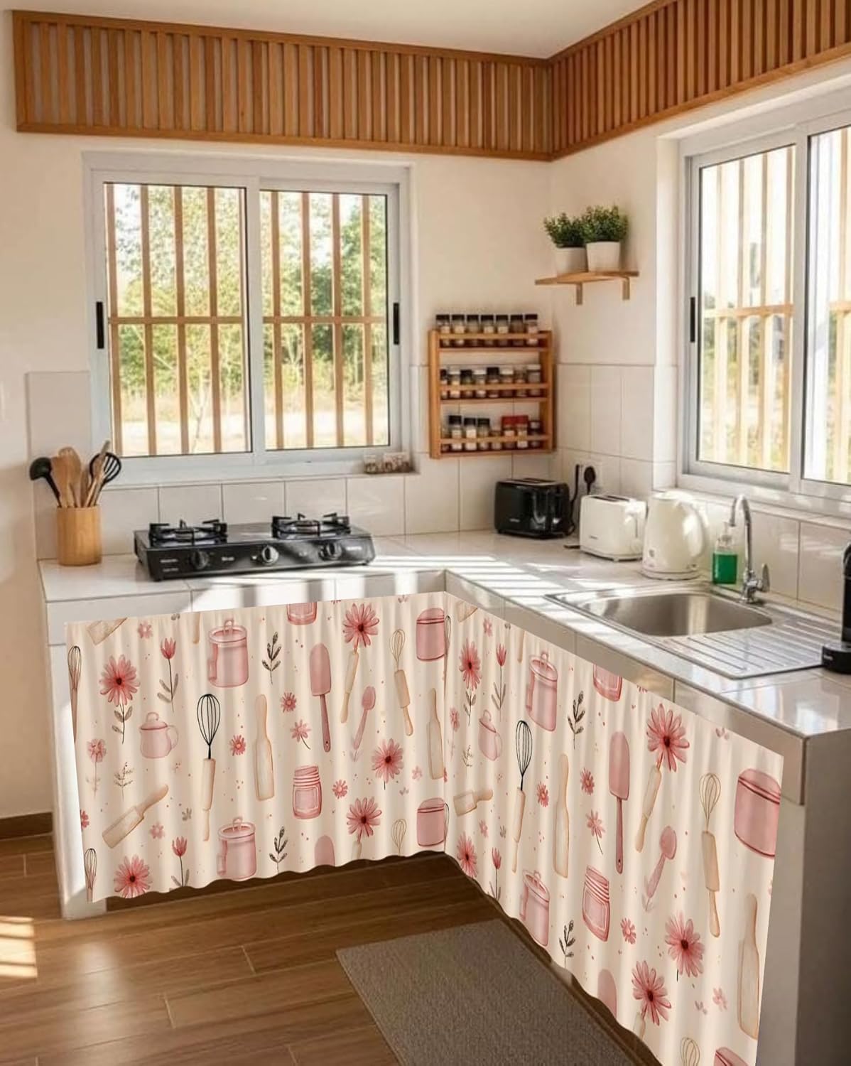 Printed Kitchen Sink Curtain, 150cm x 70cm, Polyester, Leaf Pattern, Light-filtering, Rod Pocket Top, Brown — Amazon image 8