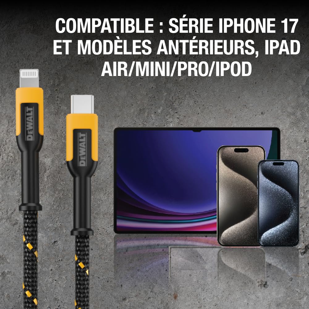 DEWALT Cable Lightning vers USB Câble tressé renforcé pour cordon de chargeur Lightning Compatible avec iPhone Câble (4 pieds - 2 câbles)