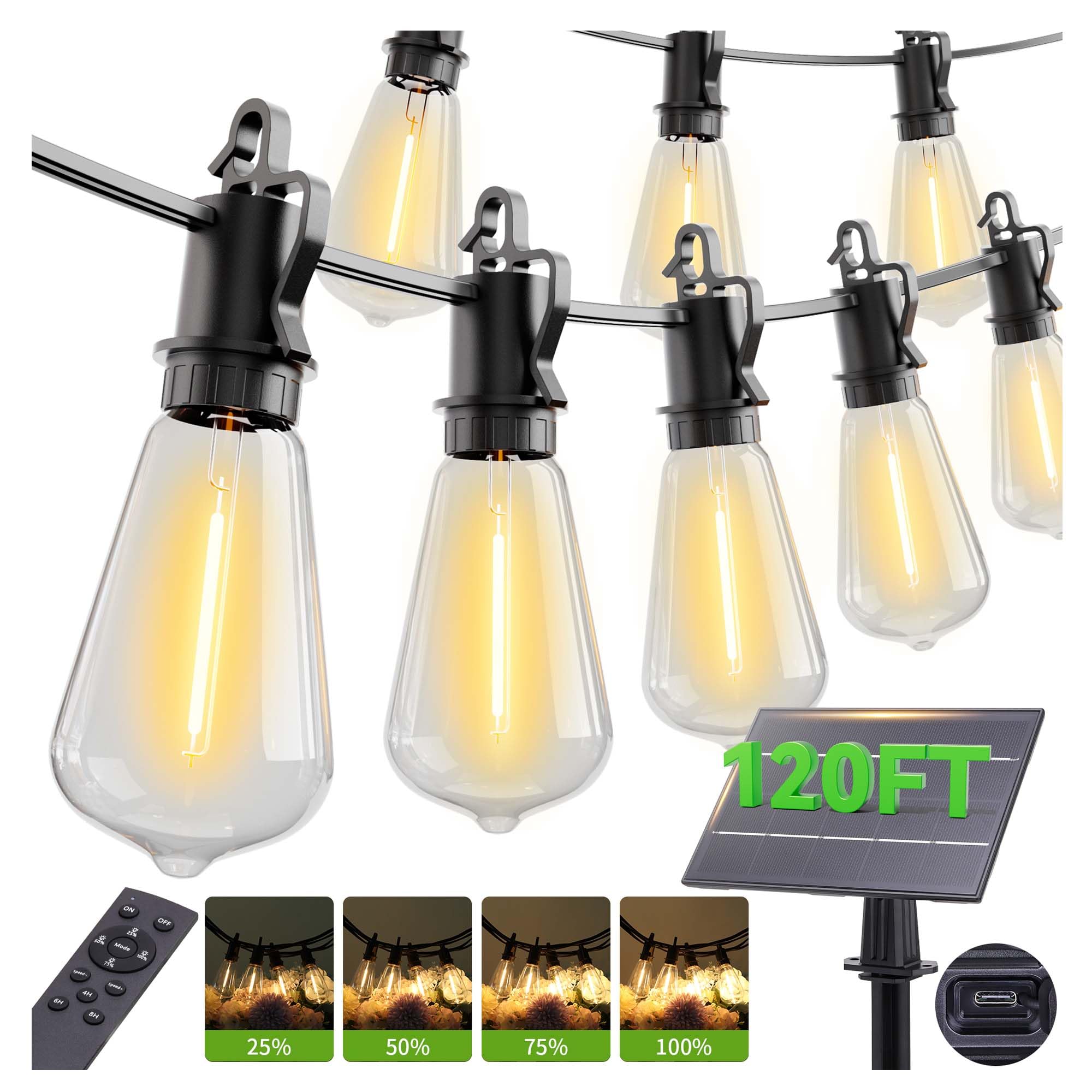 3,6 m Solar-Lichterkette für den Außenbereich mit 50 + 2 bruchsicher, Außenleuchte mit Fernbedienung, ST38 Vintage-Edison-Glühbirnen, Solarleuchten für den Außenbereich, wasserdicht