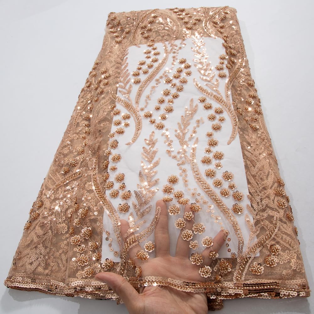 African Lace Fabric 5 Yards French Tulle Fabric 3D Sequin Crochetwork Embroidery Crochetwork Fabric Suitable for Wedding/Party/Everyday Sewing (Crimson Gold)