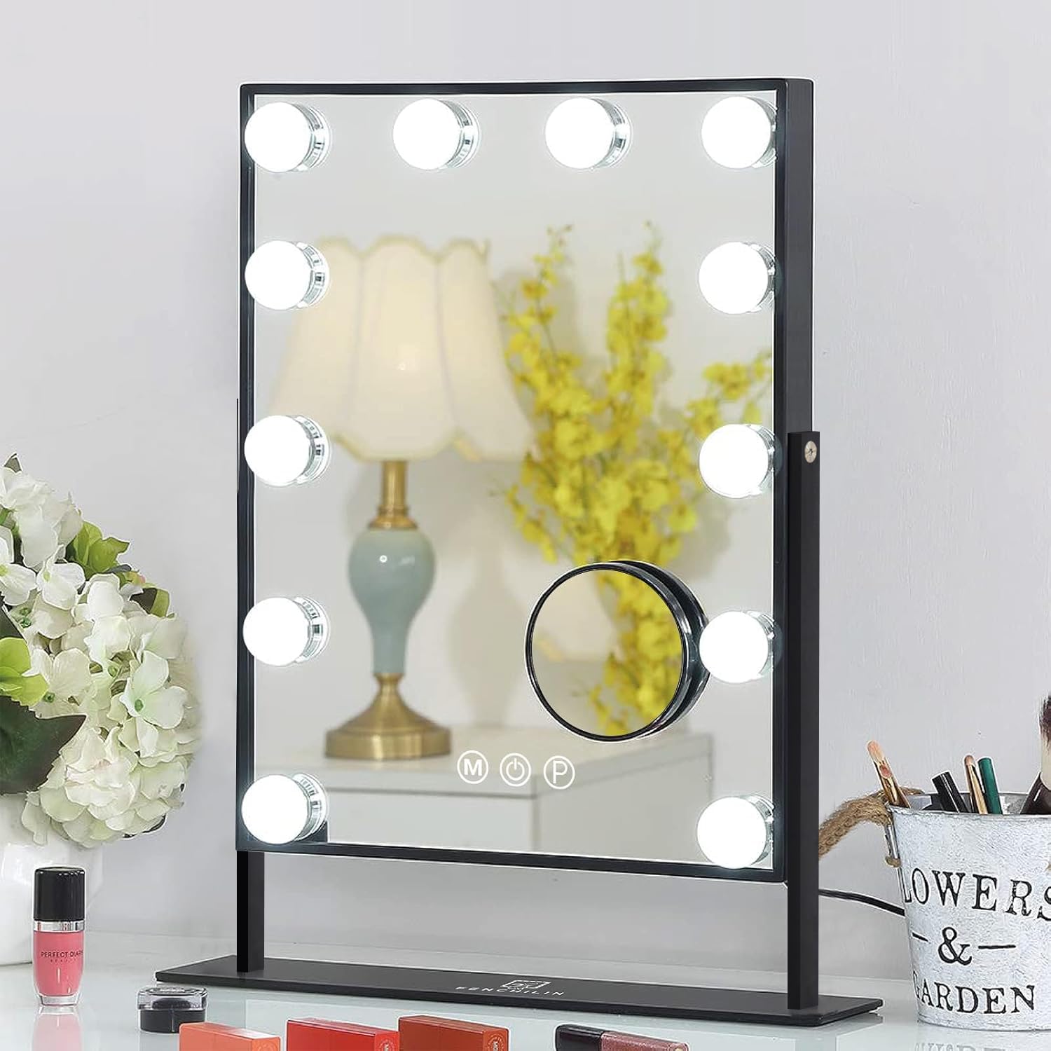 FENCHILIN Lighted Makeup Mirror Hollywood Mirror Vanity Makeup Mirror with Light Smart Touch Control 3Colors Dimable Light Detachable 10X Magnification 360°Rotation(Black)